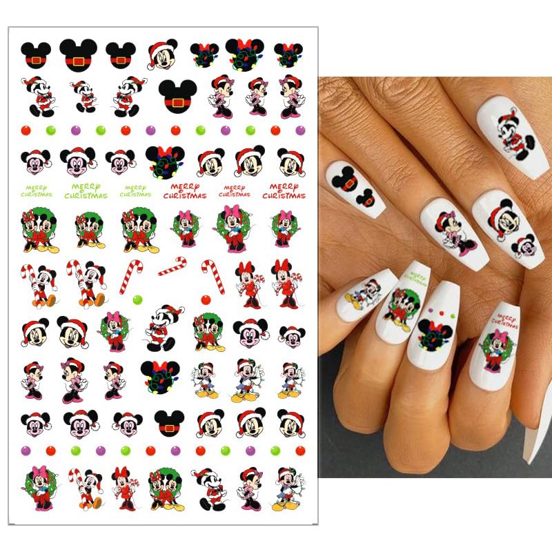 Christmas Nail Stickers - 6 Sheets Cute Mickey Mouse Nail Art Decals for Women, Self-Adhesive Cartoon Nail Designs for DIY Manicure | Perfect for Holiday Parties, Gift Giving & Festive Nail Decorations