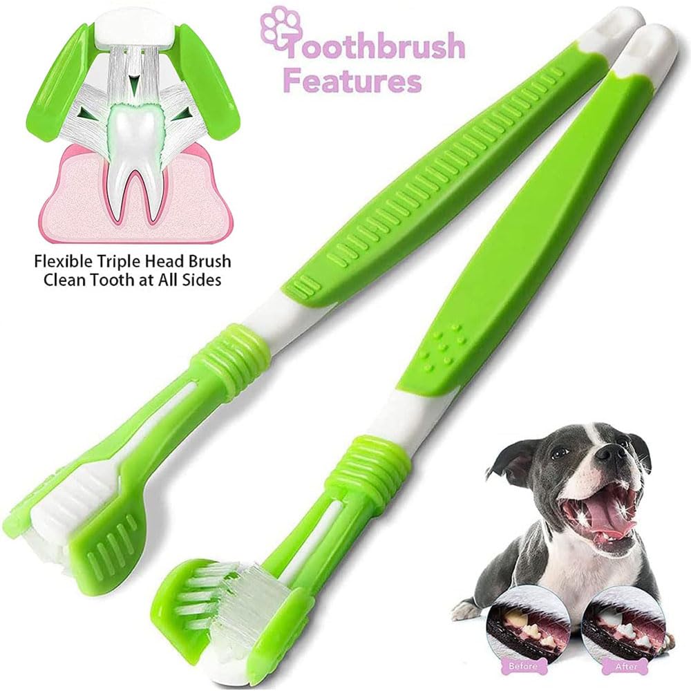 Triple Head Dog Toothbrush Set - Double Head & Finger Rubber Toothbrushes for Dogs & Cats - Multi-Angle Dental Cleaning Kit for Pet Oral Health - Perfect for Daily Teeth Cleaning & Dental Care Routine
