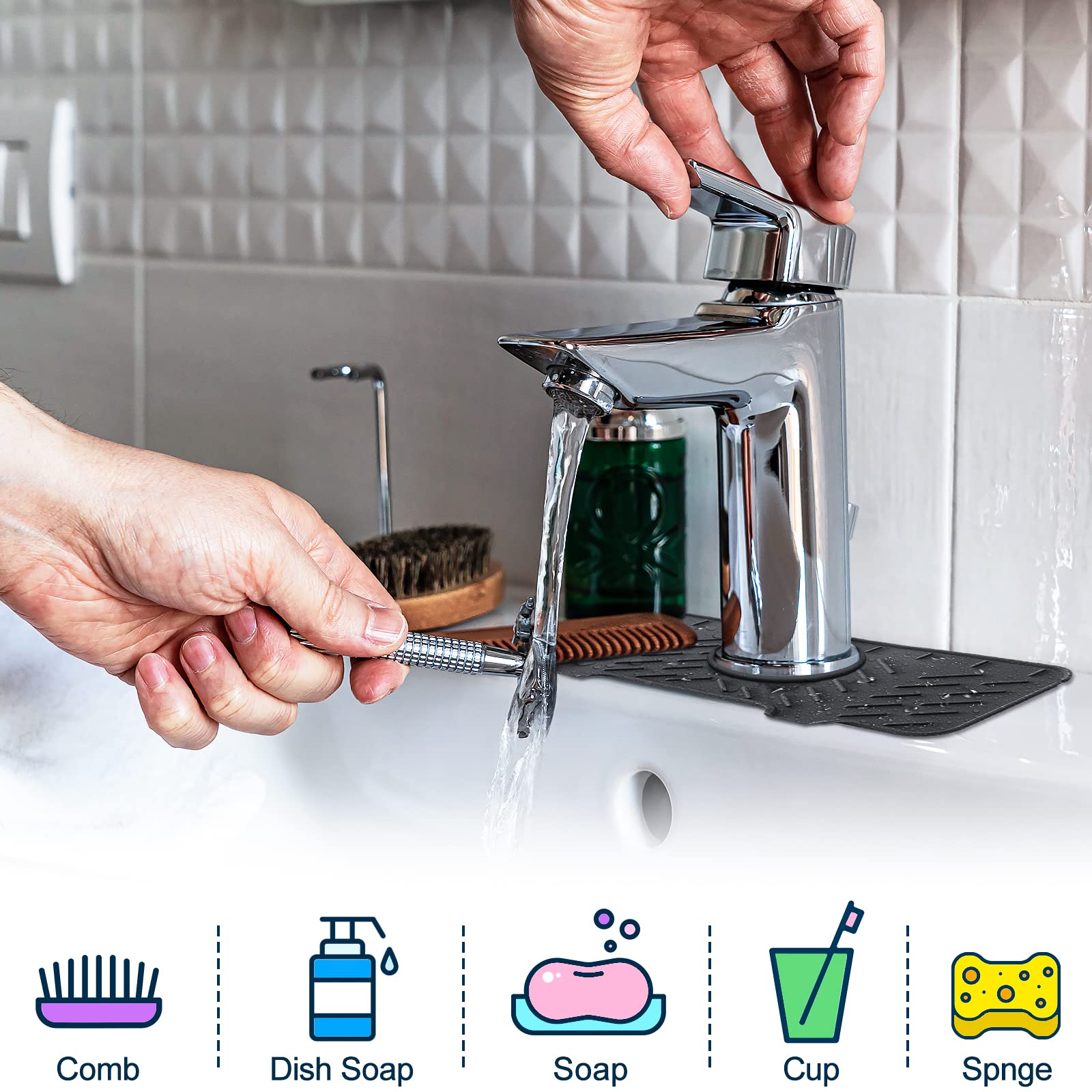 2 PCS Silicone Kitchen Sink Splash Guard - Water Splash Prevention Tray for Faucets, Durable Draining Pad for Kitchen, Bathroom, Bar & RV - Perfect for Washing Dishes, Cleaning Vegetables & Preventing Countertop Mess