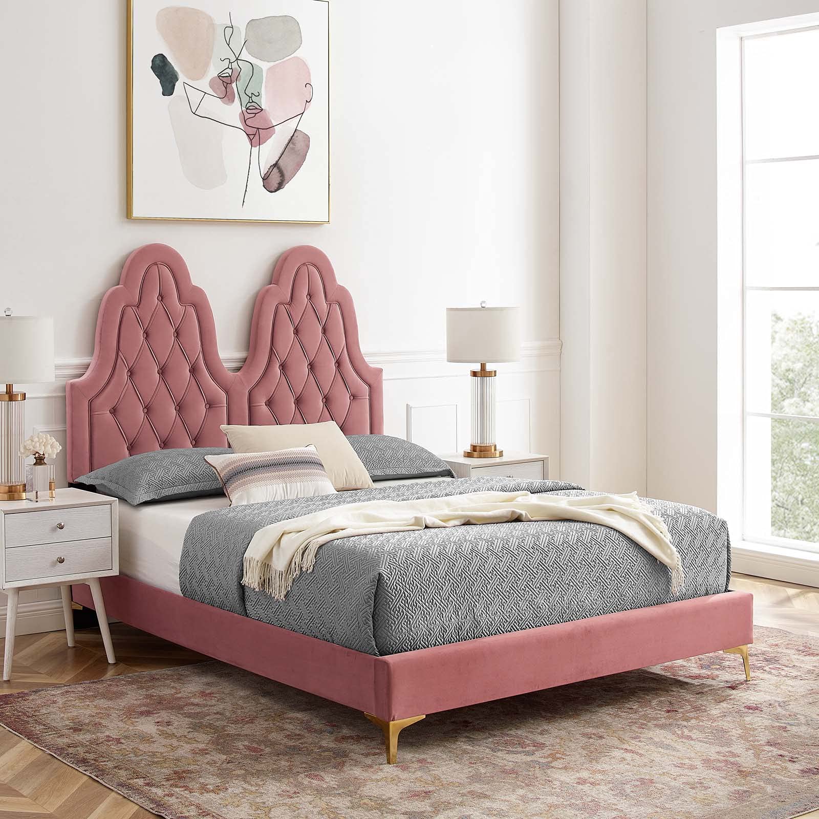 Modway Alexandria Tufted Performance Velvet Platform Bed with Gold Legs - Twin Size Dusty Rose Velvet Bed Frame for Modern Bedroom Decor | Perfect for Guest Rooms, Dorms & Small Spaces
