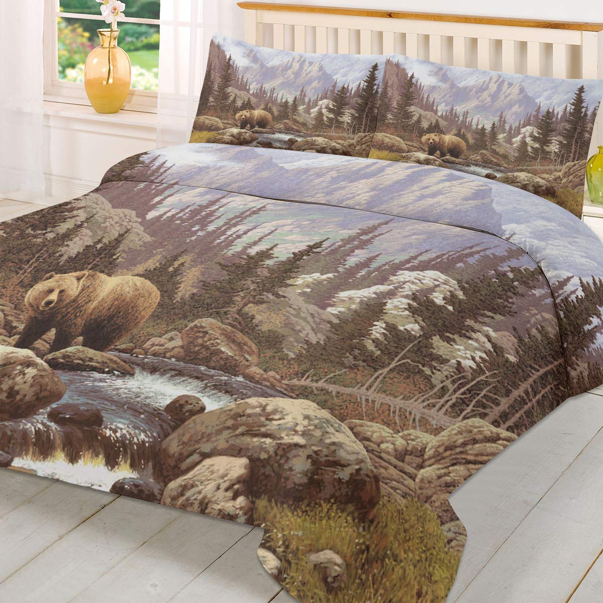 Premium California King Duvet Cover Set - Reversible Luxury Hotel Quality Bedding Collection 3-Piece (Comforter Cover + Pillowcases) - Mysterious Forest Creek Bear Design - Perfect for Master Bedroom, Guest Room & Vacation Homes