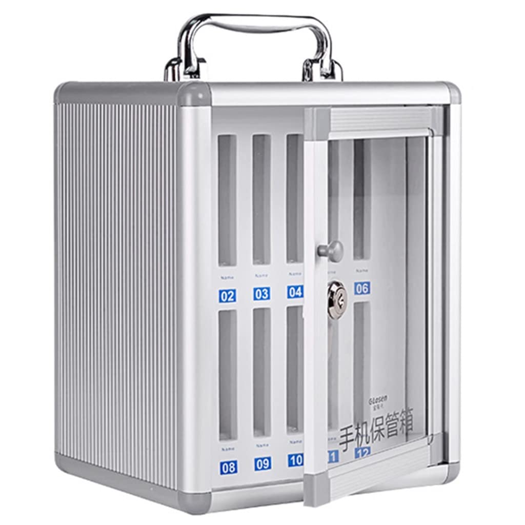 Aluminum Alloy Clear Phone Storage Cabinet with Lock & Handwritten Tags - Portable Handle Key Lock for Classroom, Office, Gym - Silver 12-Inch Organizer for Cell Phones, Keys & Small Essentials