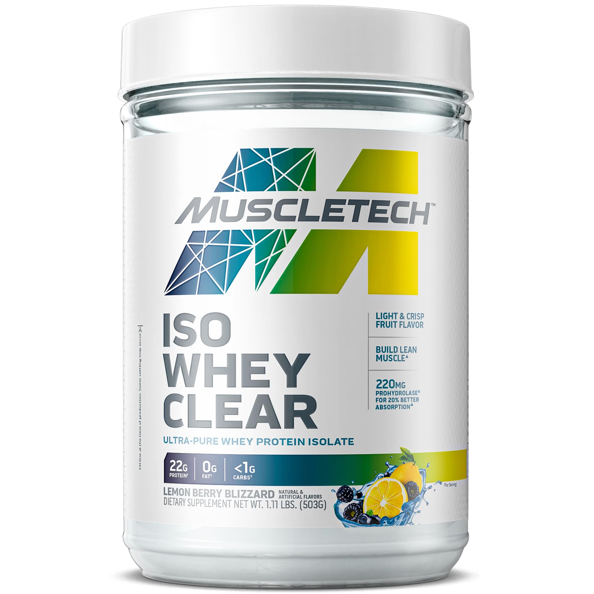 MuscleTech Clear Whey Protein Isolate Powder - 22g Protein, 90 Calories, Lemon Berry Blizzard Flavor - 1.1lb (19 Servings) for Men & Women - Post Workout Recovery & Healthy Lifestyle Supplement