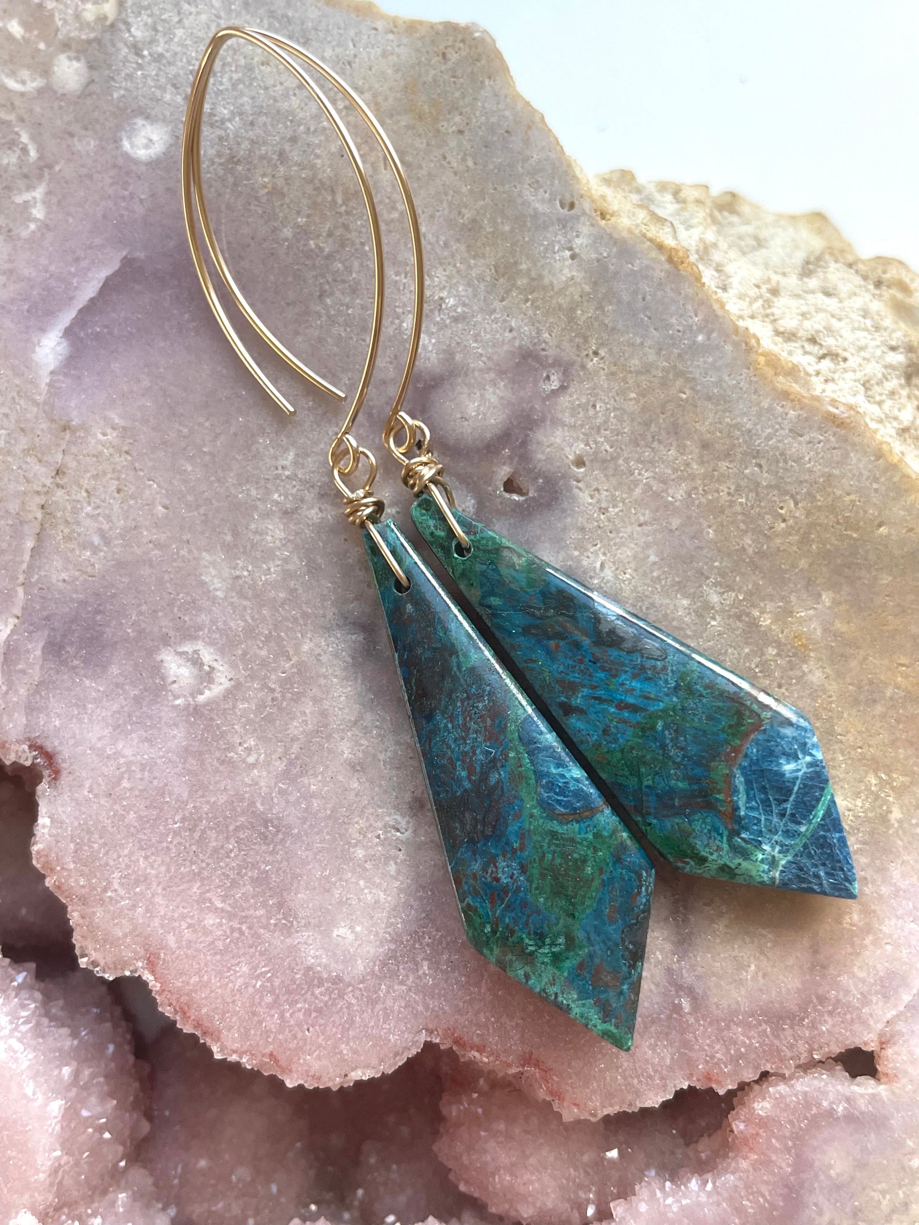 Chrysocolla Gold Filled Statement Crystal Gemstone Earrings for Women | Elegant Bohemian Jewelry for Parties, Weddings & Special Occasions