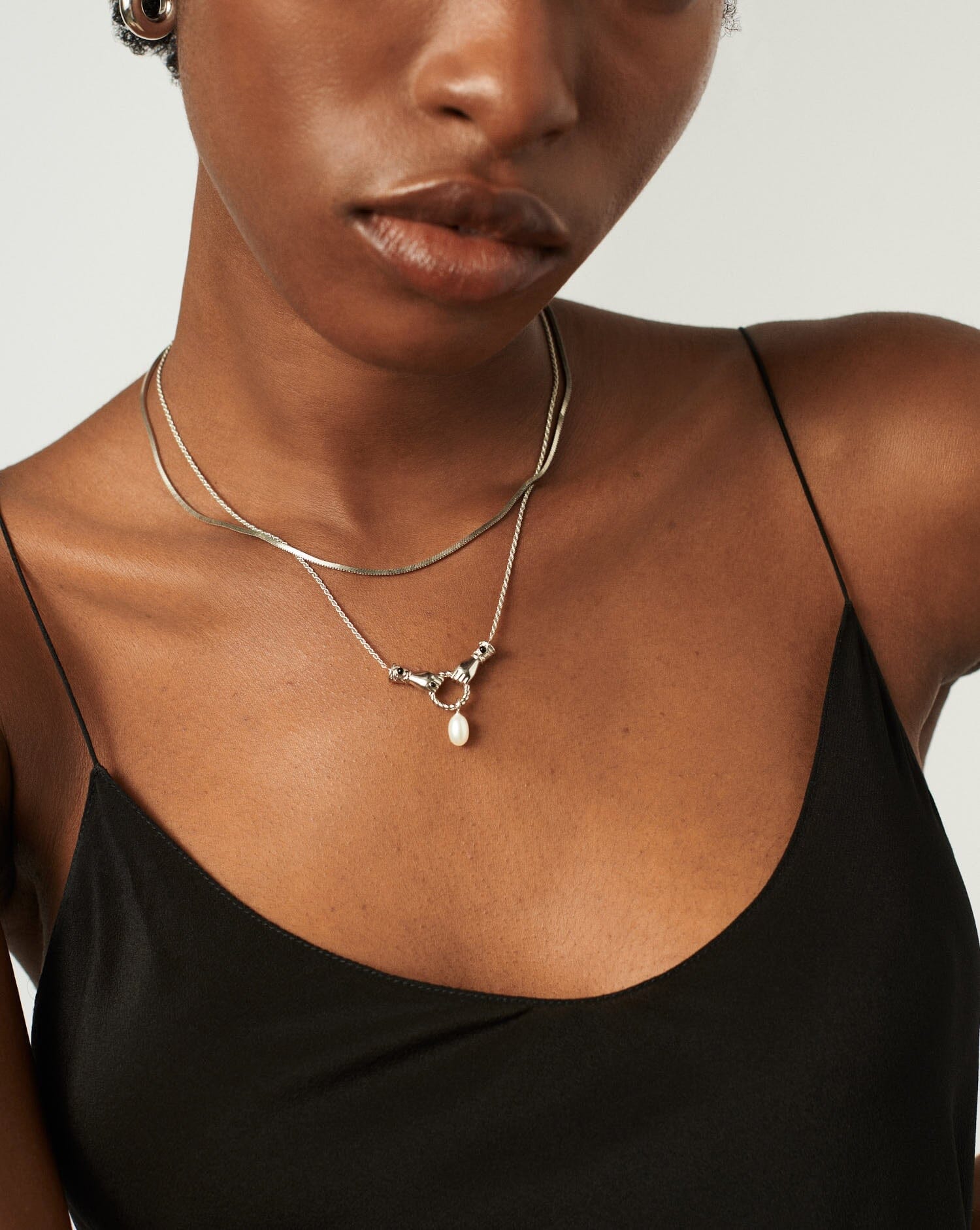 Harris Reed In Good Hands Drop Pendant Necklace - Silver Plated with Pearl & Black Onyx | Elegant Layering Necklace for Women | Perfect for Evening Parties, Weddings & Special Occasions
