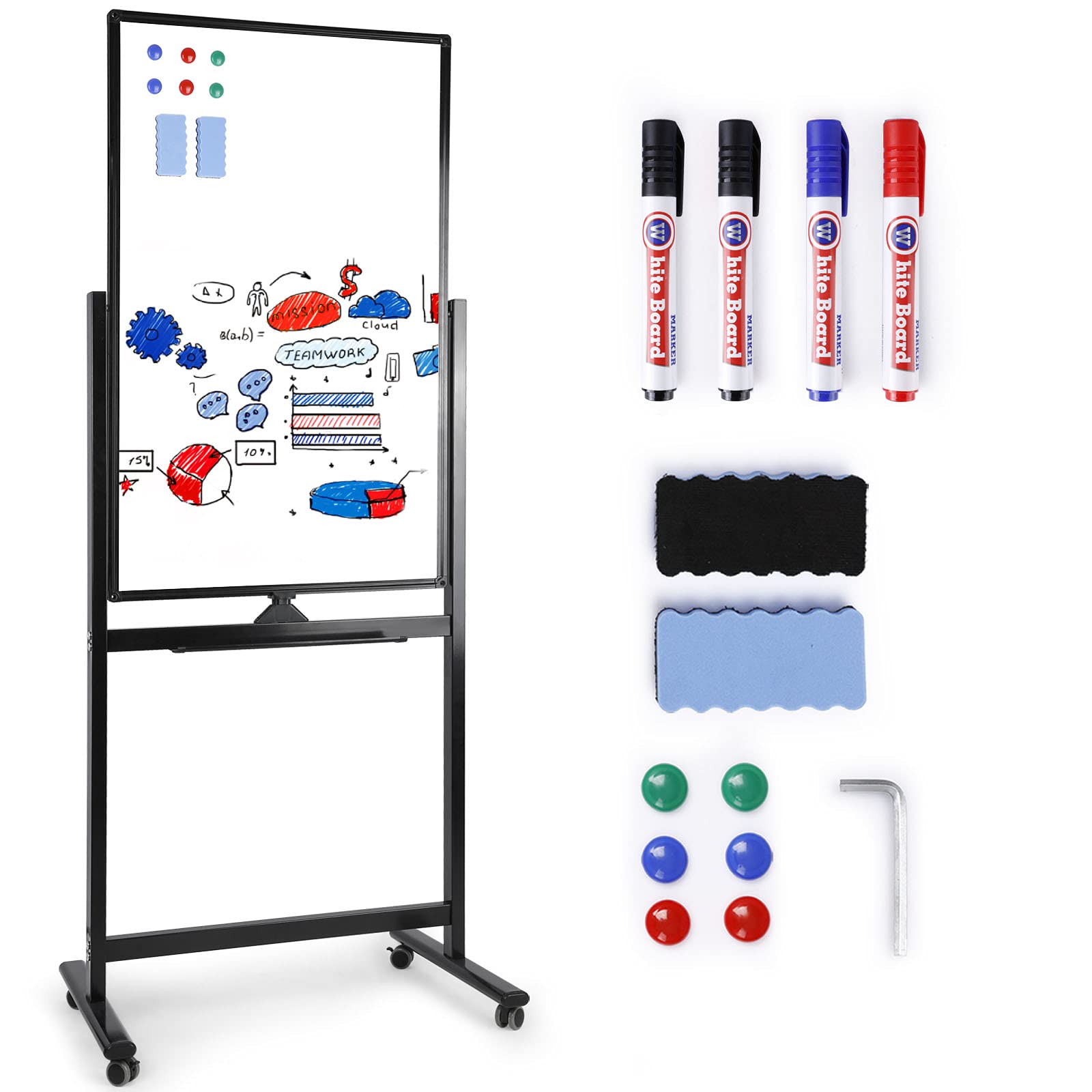 Double Sided Mobile Whiteboard 40x24 Inches - Reversible Rolling Whiteboard with Stand, Portable Easel Frame for Office, Classroom & Home Use | Perfect for Presentations, Teaching & Brainstorming (Black)