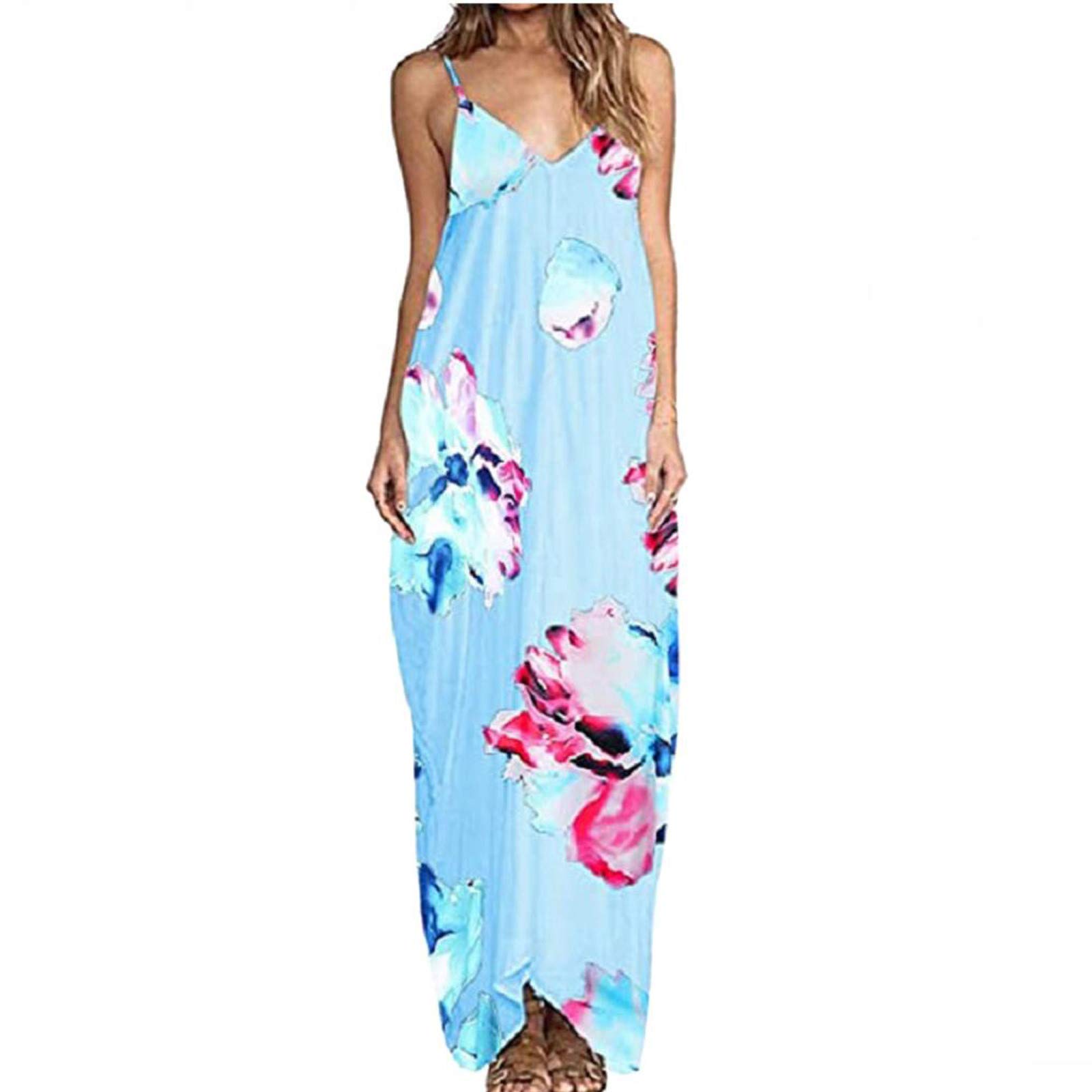 ZASUN Women's Sexy V-Neck Floral Print Maxi Dress - Long Sling Summer Beach Sundress for Casual Wear, Vacations & Date Nights