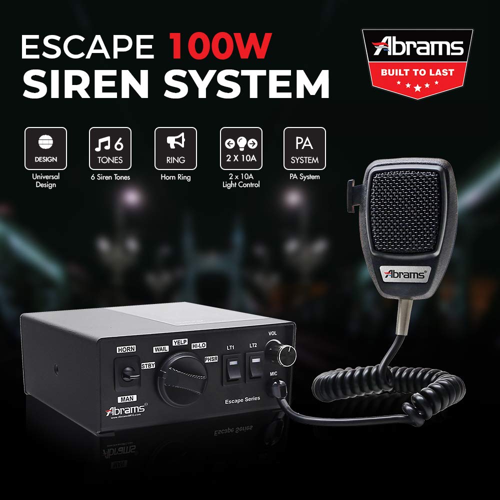 Abrams Emergency Vehicle Siren - 100W PA System with Dual 15A Police Light Outputs - 12V Heavy-Duty Horn for Fire Trucks, Police Cars, ATVs & UTVs - Ideal for Emergency Response, Traffic Control & Off-Road Safety