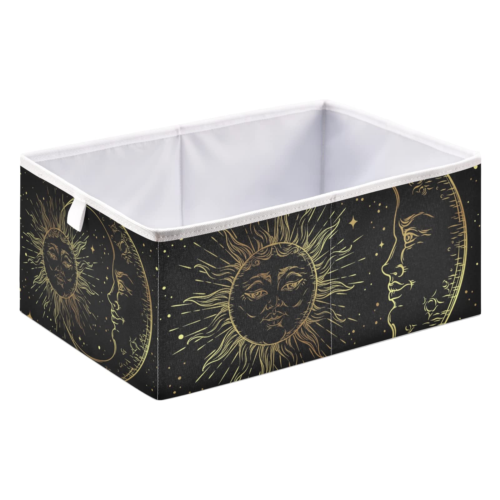 Poeticcity Golden Sun Crescent Moon Gold Stars Black Galaxy Rectangular Storage Basket - Collapsible Foldable Organizer for Toys, Clothes, Nursery - Easy to Assemble | Perfect for Home Organization, Kids Room Decor & Gift Giving