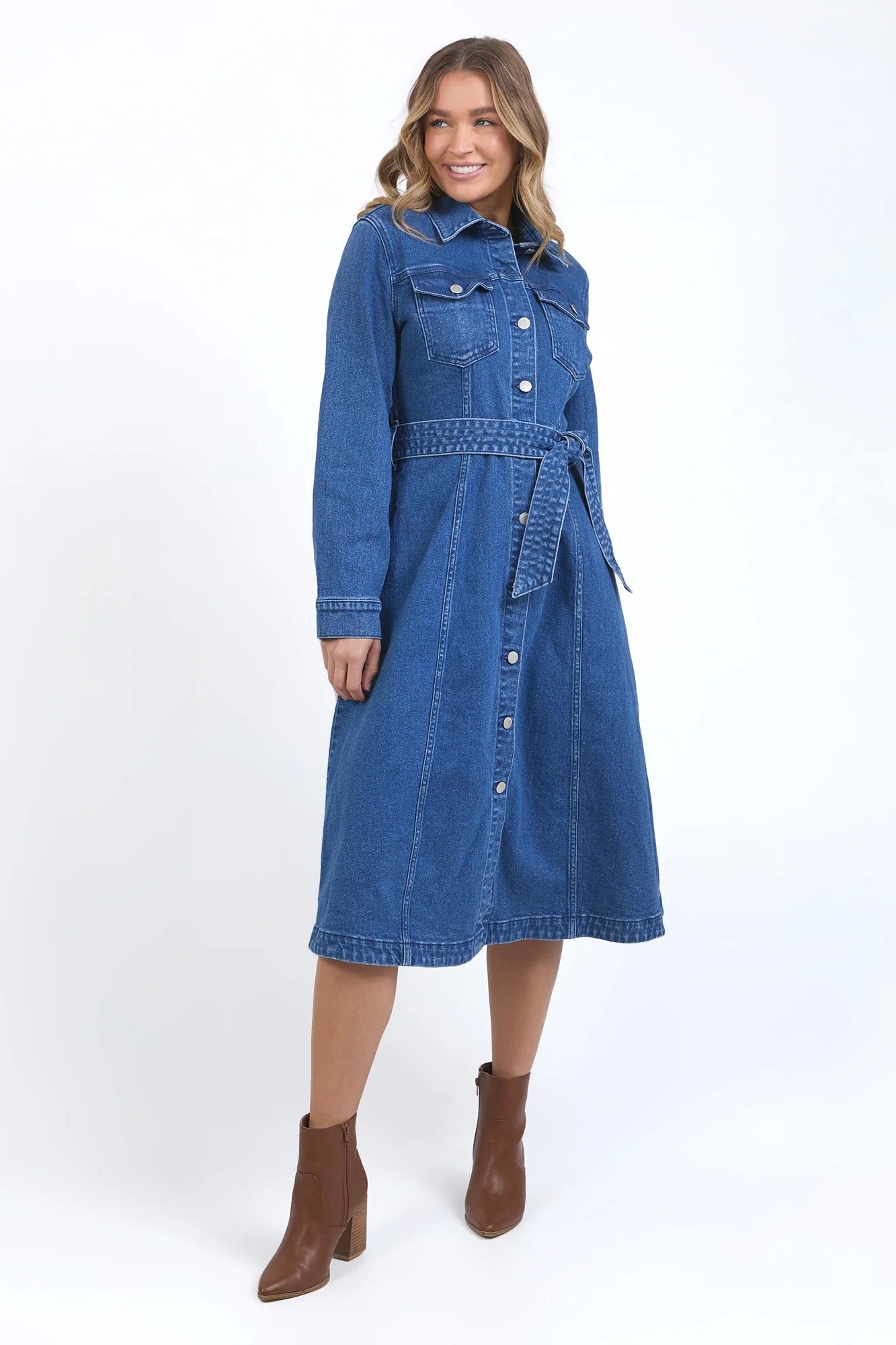 Genevieve Mid Blue Long Sleeve Denim Midi Dress for Women | Casual & Office Wear | Perfect for Spring & Fall Outfits