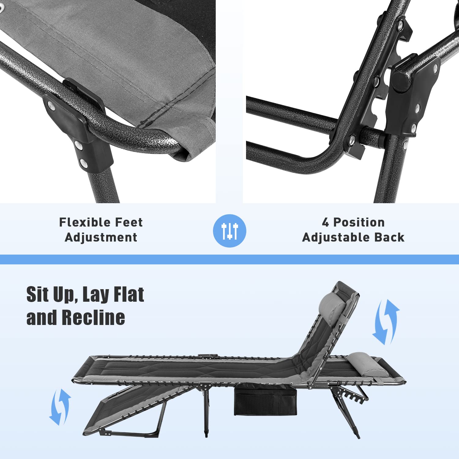Flamaker Folding Chaise Lounge Chair - 4-Position Adjustable Outdoor Recliner with Pillow & Side Bag - Lightweight Portable Camping Chair for Pool, Beach, Deck, Patio, Backyard & Sunbathing (Grey)