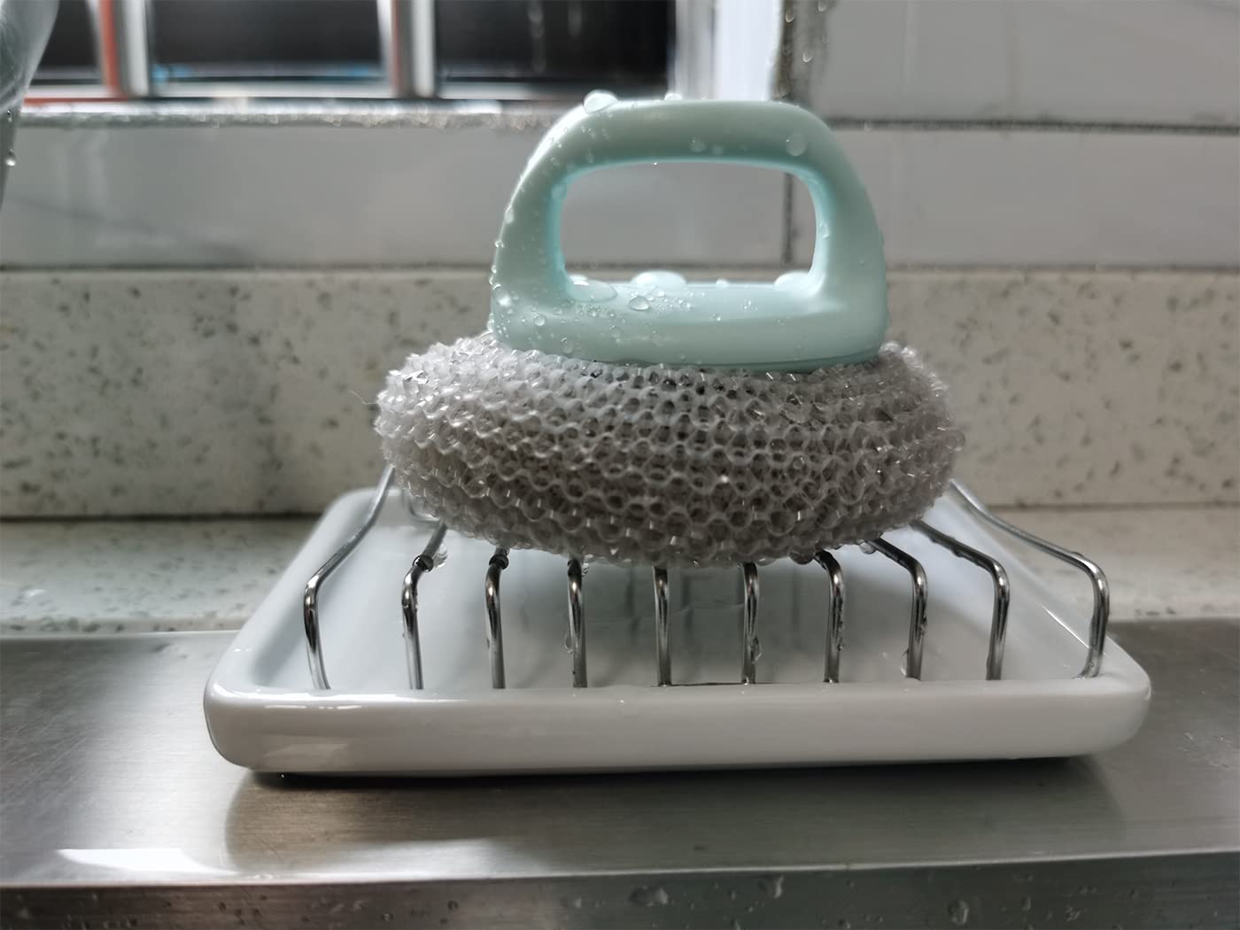 Stainless Steel Ceramic Soap Dish with Drain Tray - Self Draining Soap Holder & Sponge Organizer for Shower, Bathroom, Kitchen Sink - Perfect for Bathroom Countertops, Shower Shelves & Kitchen Organization