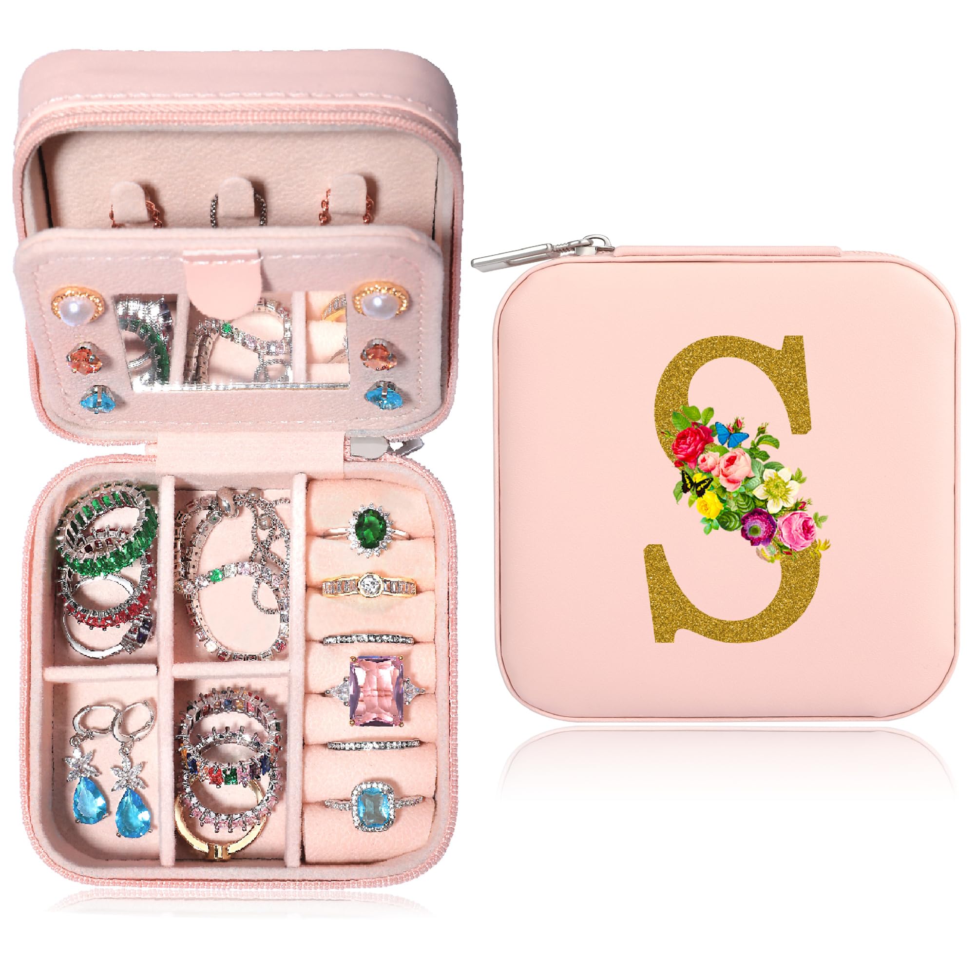 Elegant Pink Travel Jewelry Box for Women - Personalized Initial S Jewelry Organizer Case for Earrings & Accessories | Perfect Birthday Gift Idea for Her | Compact & Portable for Travel, Home & Daily Use