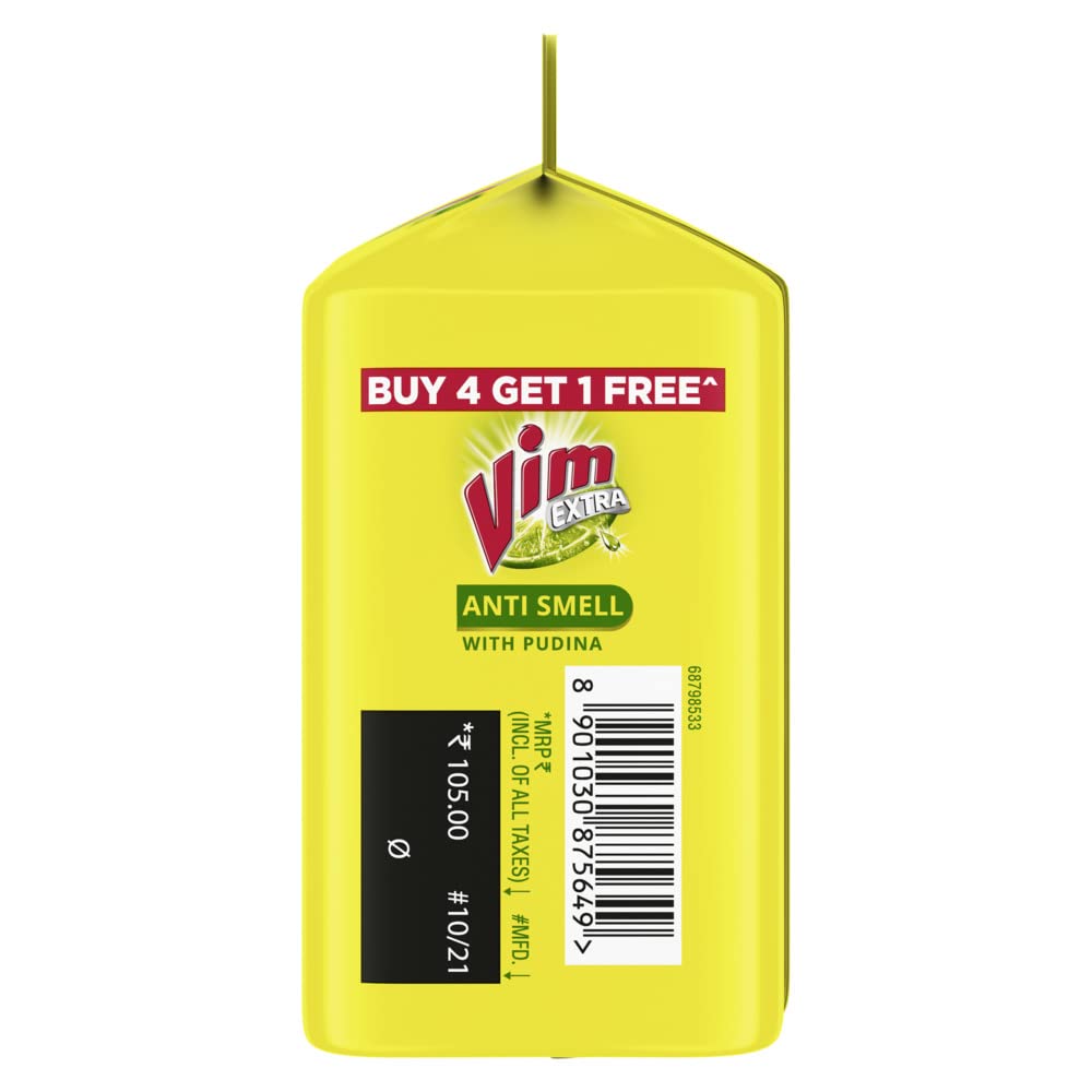 Vim Extra Anti Odor Dishwashing Bar - 200g (Mint Flavor) | Buy 4 Get 1 Free | Deep Cleans Grease & Stubborn Stains | Ideal for Kitchen, Camping & Travel