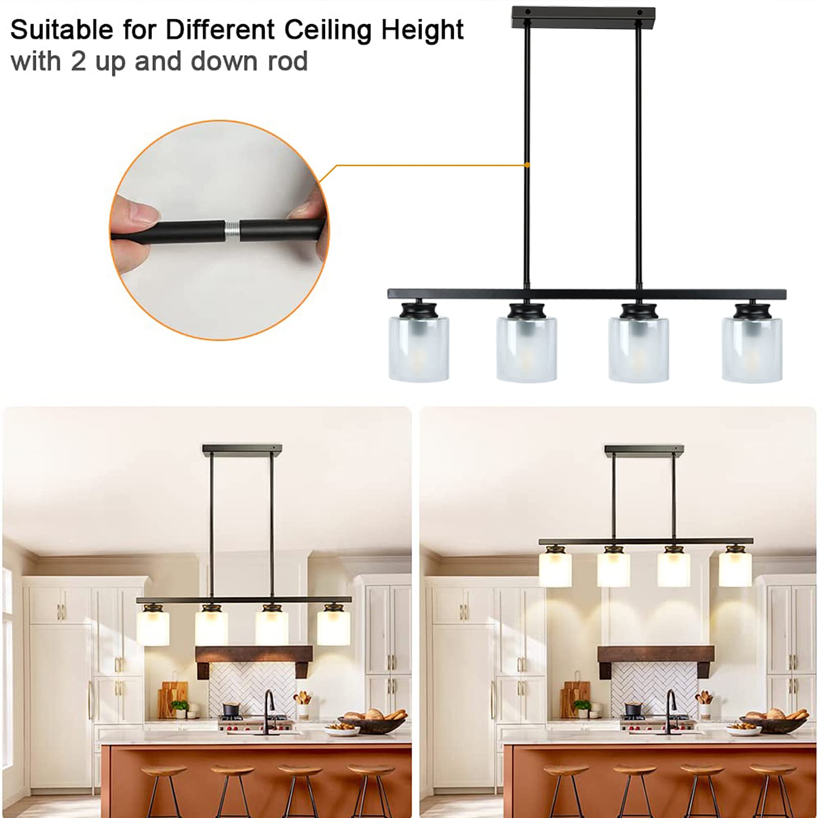 Vintage Farmhouse Pendant Light Fixture - 4-Light Metal Chandelier with Glass Shade, E26 Base - Perfect for Kitchen Island, Dining Room, Foyer, Restaurant & Bar Lighting