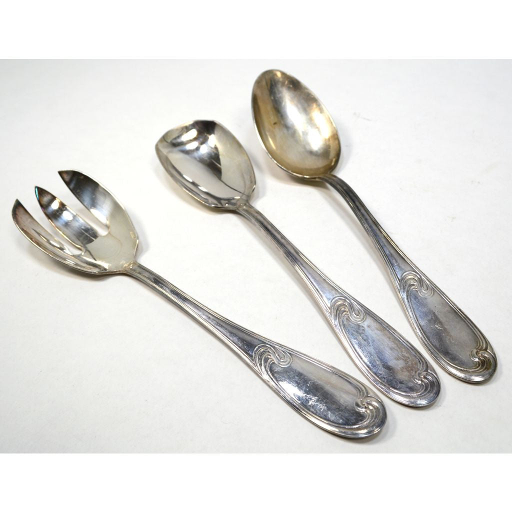 Vintage ERCUIS Silver Plated Flatware Set of 3 Salad/Serving Spoons with Wave Pattern - Perfect for Fine Dining, Wedding Gifts & Antique Collectors