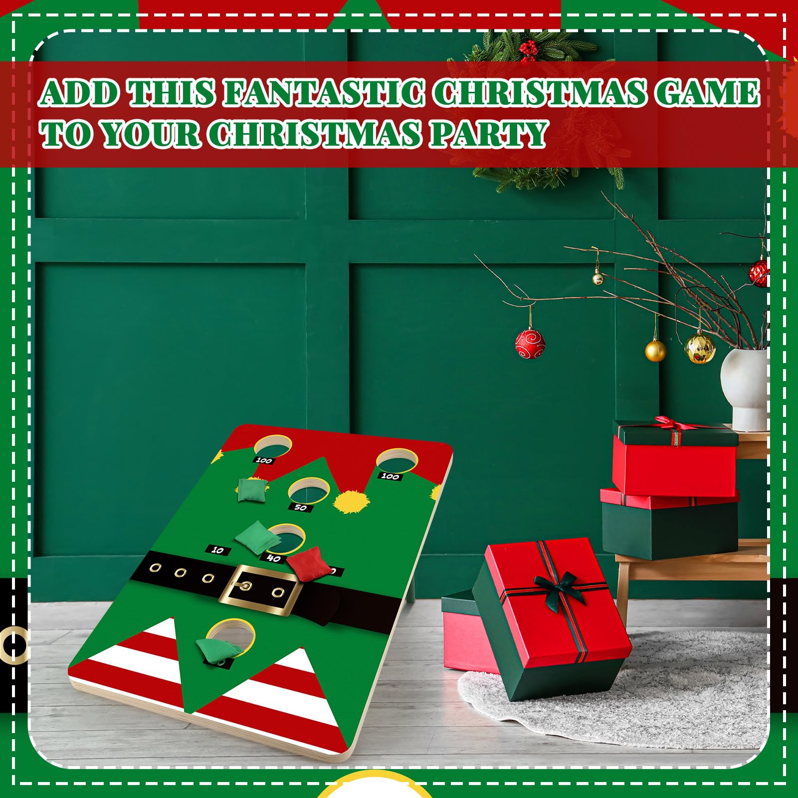 24 x 17 Inch Large Christmas Toss Game Set with 6 Bean Bags - Holiday Party Outdoor Games for Family, Beach & Yard Activities - Elf Themed Festive Fun (Perfect for Christmas Gatherings, Backyard Parties & Seasonal Celebrations)