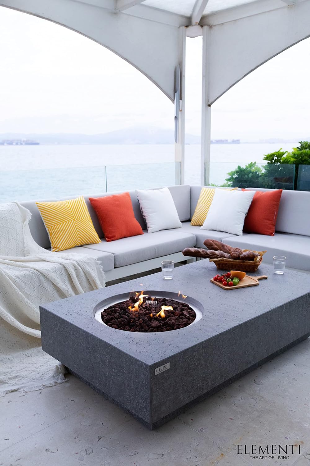 Elementi Metropolis Table Cast Concrete Natural Gas Fire Table - Outdoor Fire Pit for Patio, Deck & Backyard with Canvas Cover & Lava Rocks (Includes Free AMS Fireplace Wind Guard) | Perfect for Outdoor Entertaining, Camping & Relaxation