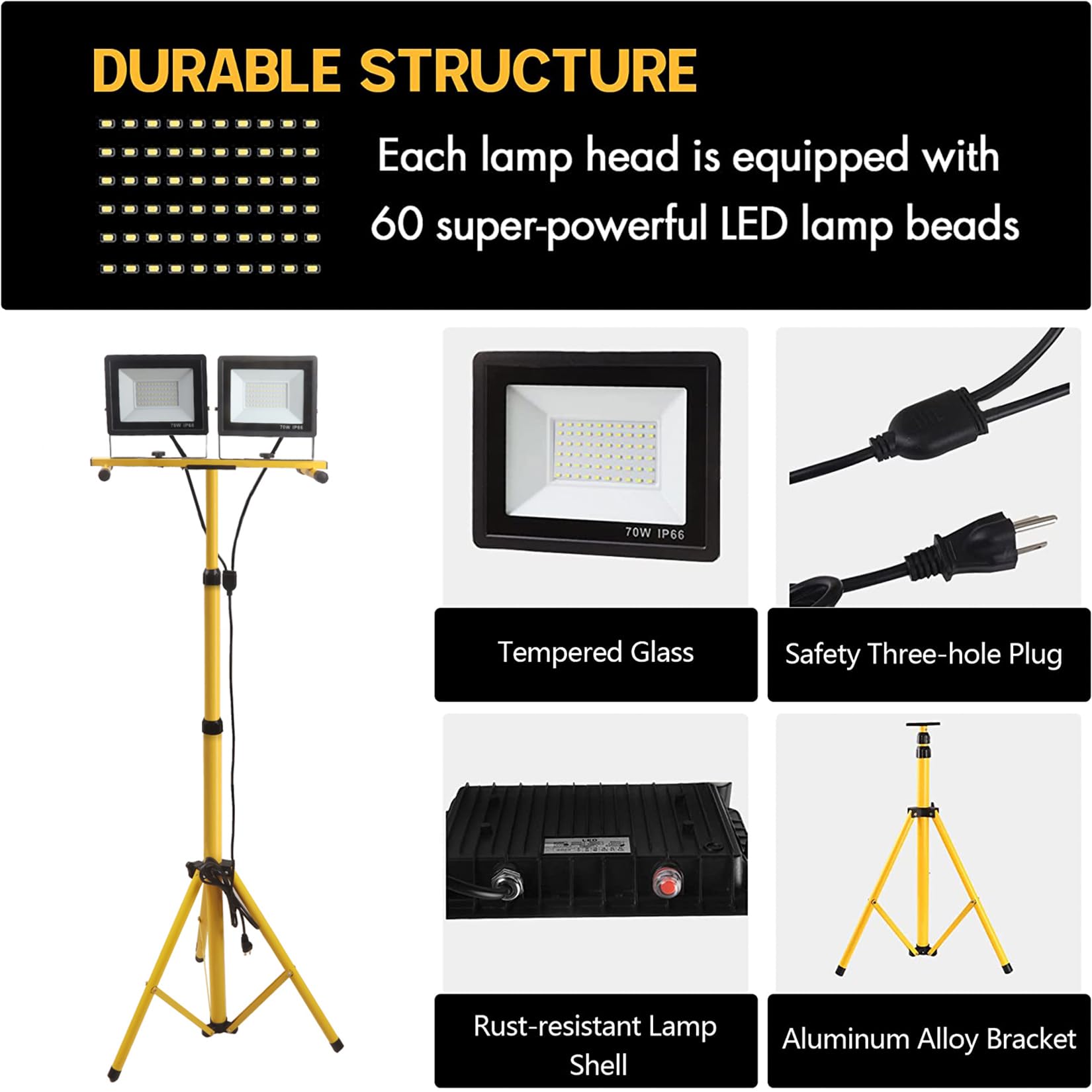 21000 Lumen LED Work Light with Adjustable Stand - 2 Head Portable Workshop Light with Foldable Tripod, Waterproof Construction & Individual Switches (6500K Daylight) - Perfect for Construction Sites, Auto Repair, and Outdoor Projects