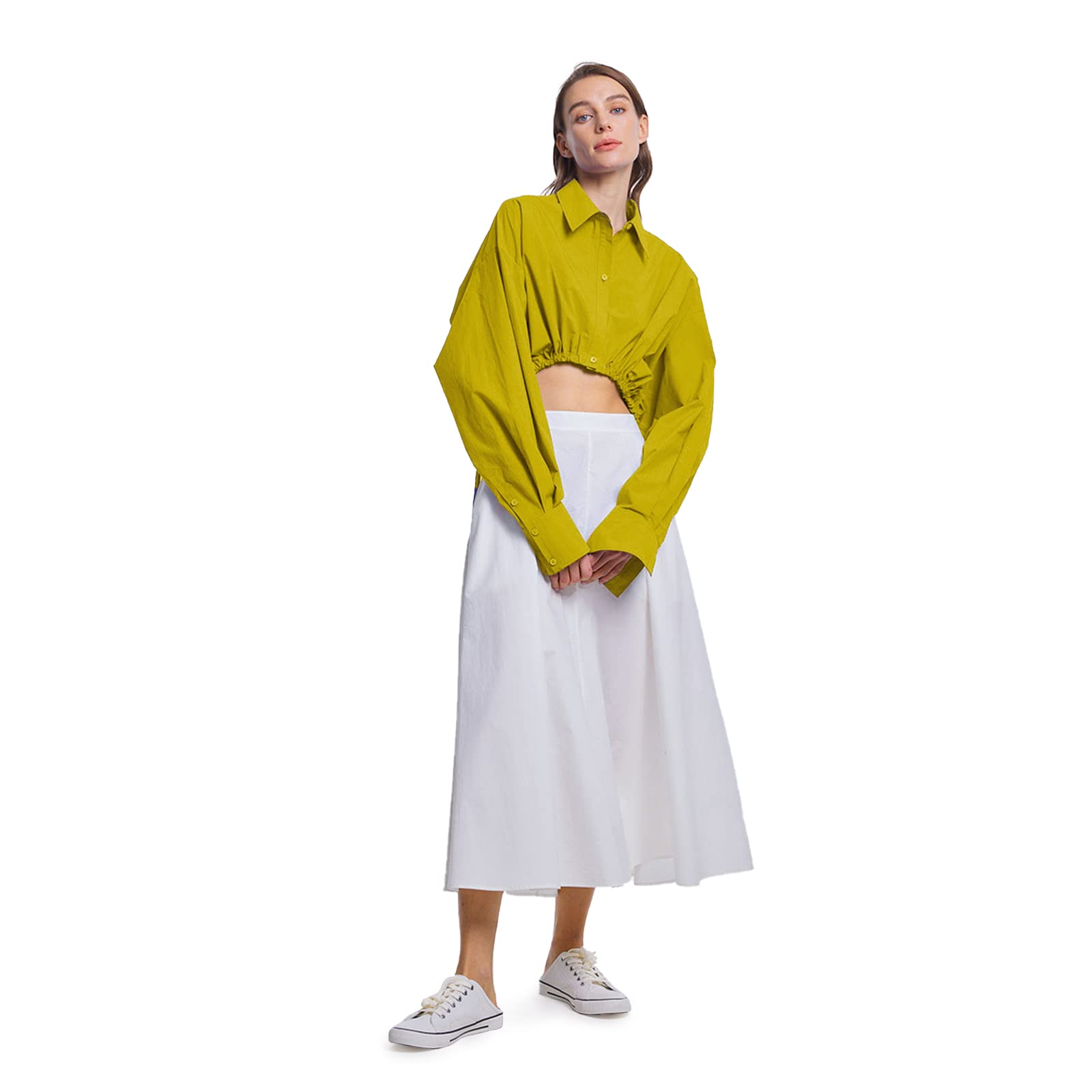 LATTELIER Women's Cropped Drawstring Cotton Shirt - Long Sleeve Casual Crop Top for Women | Perfect for Spring Layering, Streetwear & Everyday Outfits