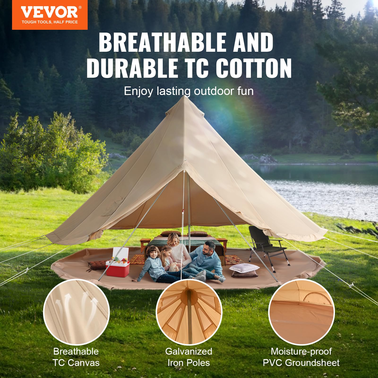 VEVOR 4-Season Canvas Bell Tent with Stove Jack - Breathable, Spacious for 4 People - Perfect for Family Camping, Hunting Trips & Outdoor Adventures