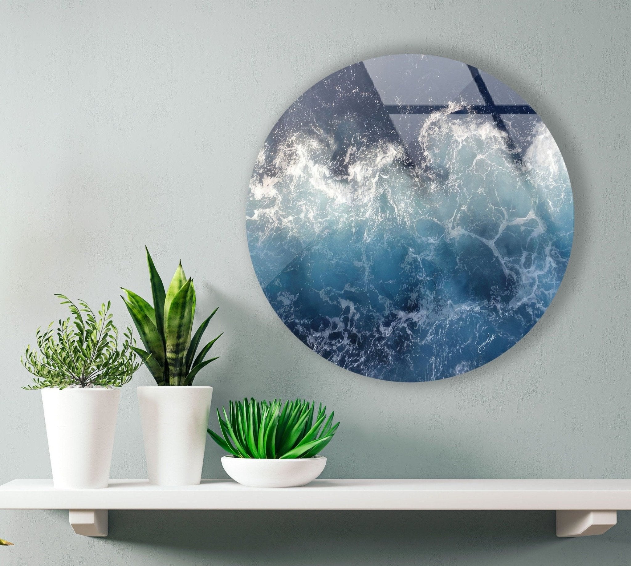 Abstract Round Ocean Waves Glass Wall Art - Coastal Beach Decor for Living Room, Bedroom & Office - Handmade Seascape Mural for Home & Office Decor