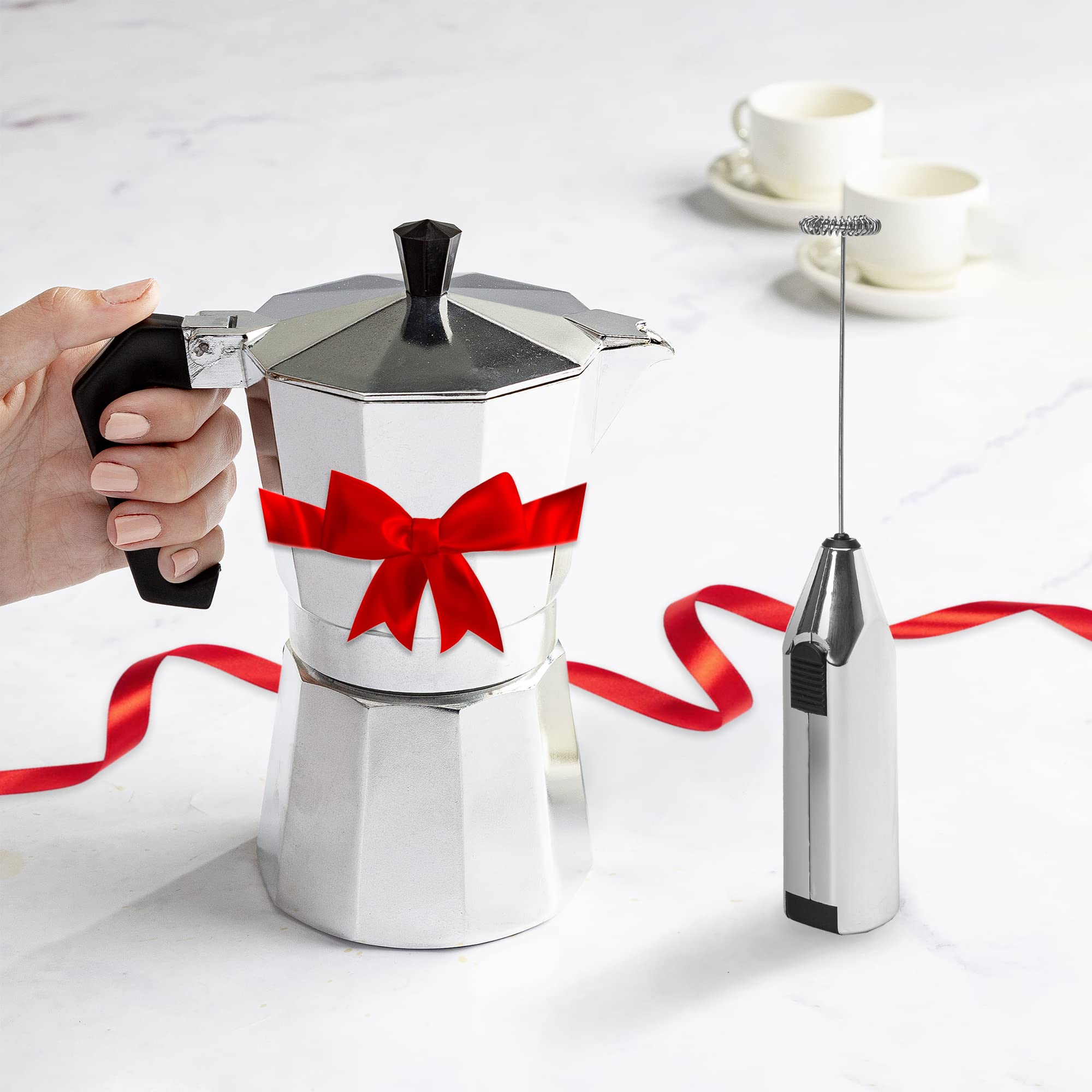 Primaria Stovetop Espresso Maker & Electric Milk Frother Set - 6 Cup Italian Moka Pot for Cuban Coffee, Cafetera - Perfect for Home Brewing, Camping & Gifts (Silver)