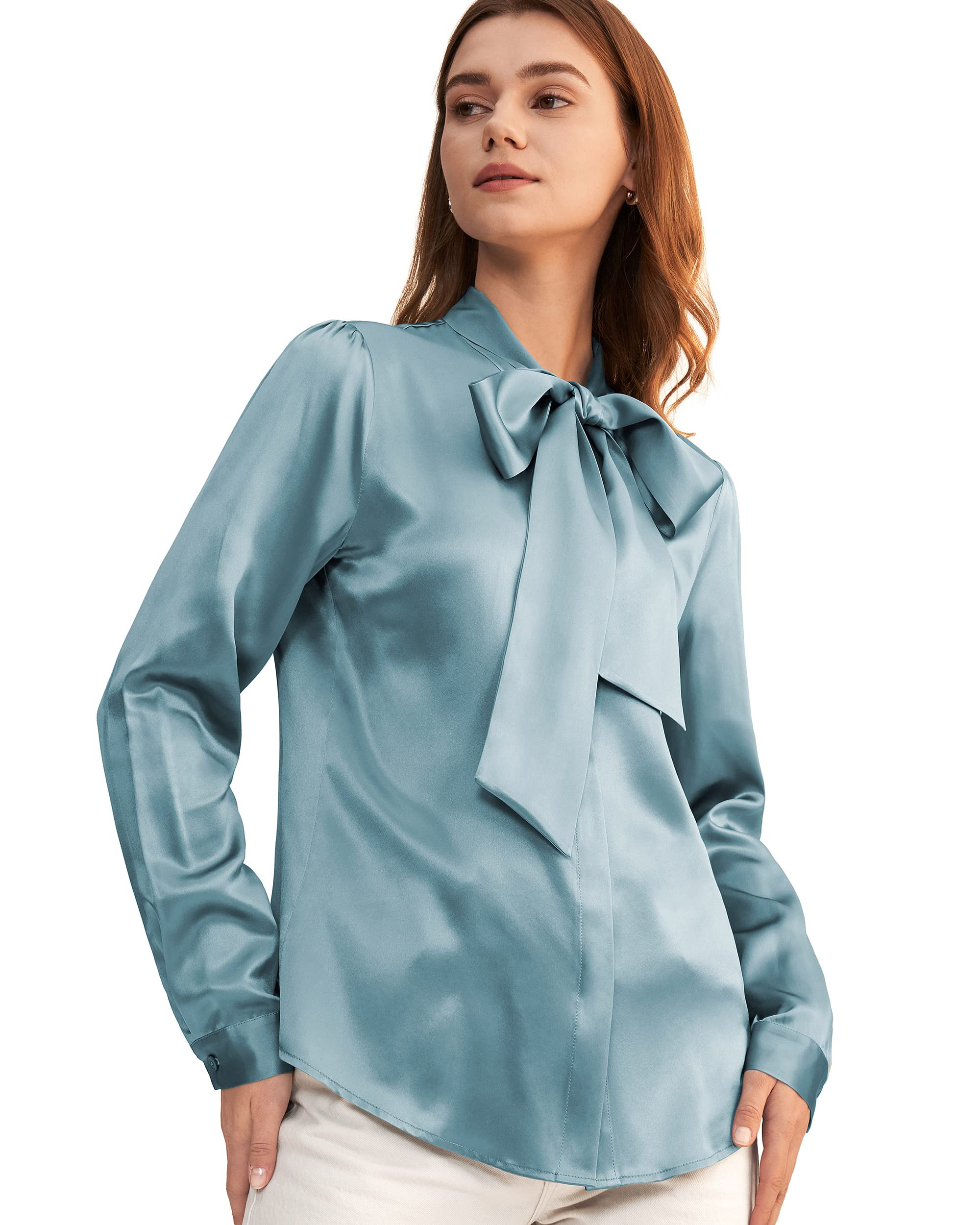 LilySilk Women's Vintage Bow Tie Neck Long Sleeve Silk Blouse - 100% Pure Silk Button Down Shirt for Office, Party & Special Occasions