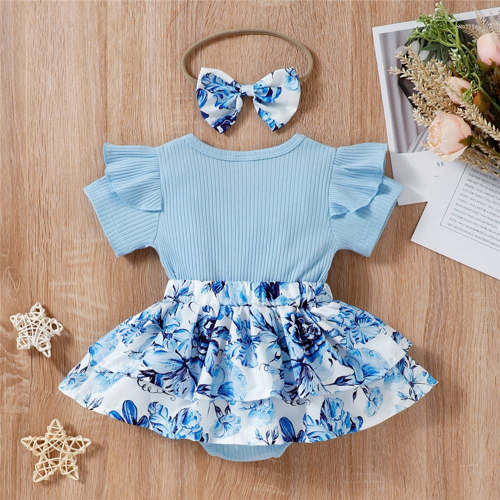 Floral Letter Print Baby Girl Romper Dress with Ruffle Short Sleeves & Bow Headband - Newborn Summer Outfit Set for Photoshoots, Parties & Daily Wear