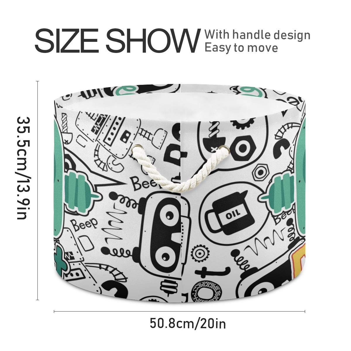 Collapsible Round Storage Basket - Fabric Toy Organizer & Laundry Hamper with Drawstrings | Cute Robot Head Design for Kids' Room, Nursery, Playroom & Closet Organization