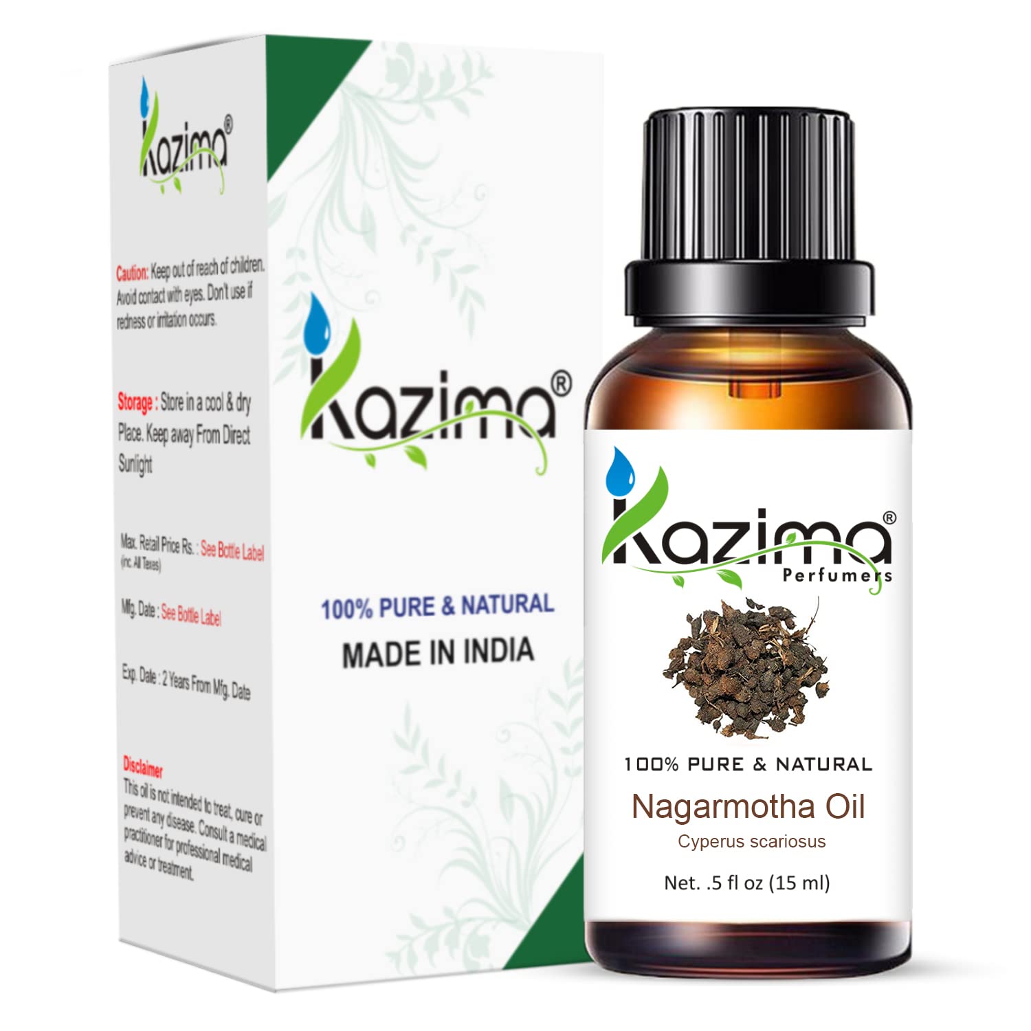 KAZIMA Nagarmotha Essential Oil - 100% Pure Natural & Undiluted Cypriol Oil for Skin Care, Hair Growth & Aromatherapy (15ml) | Perfect for Massage, Diffusers & DIY Beauty Products