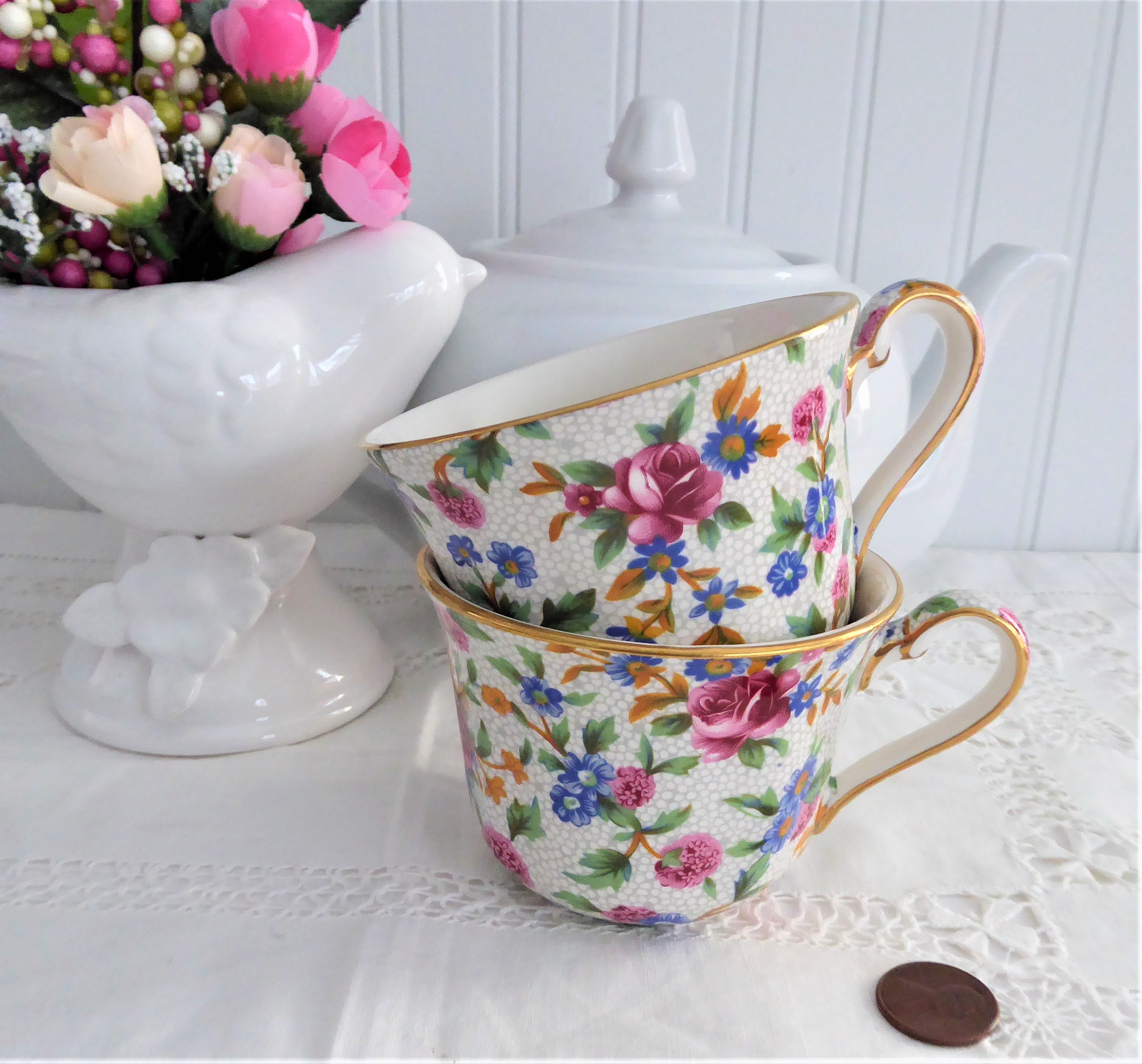 Vintage Royal Winton Chintz Tea Cups - 1995 Reissue Pink & Blue Floral Porcelain Tea Cups (No Saucers) - Perfect for Afternoon Tea, Collectible Cottagecore Decor