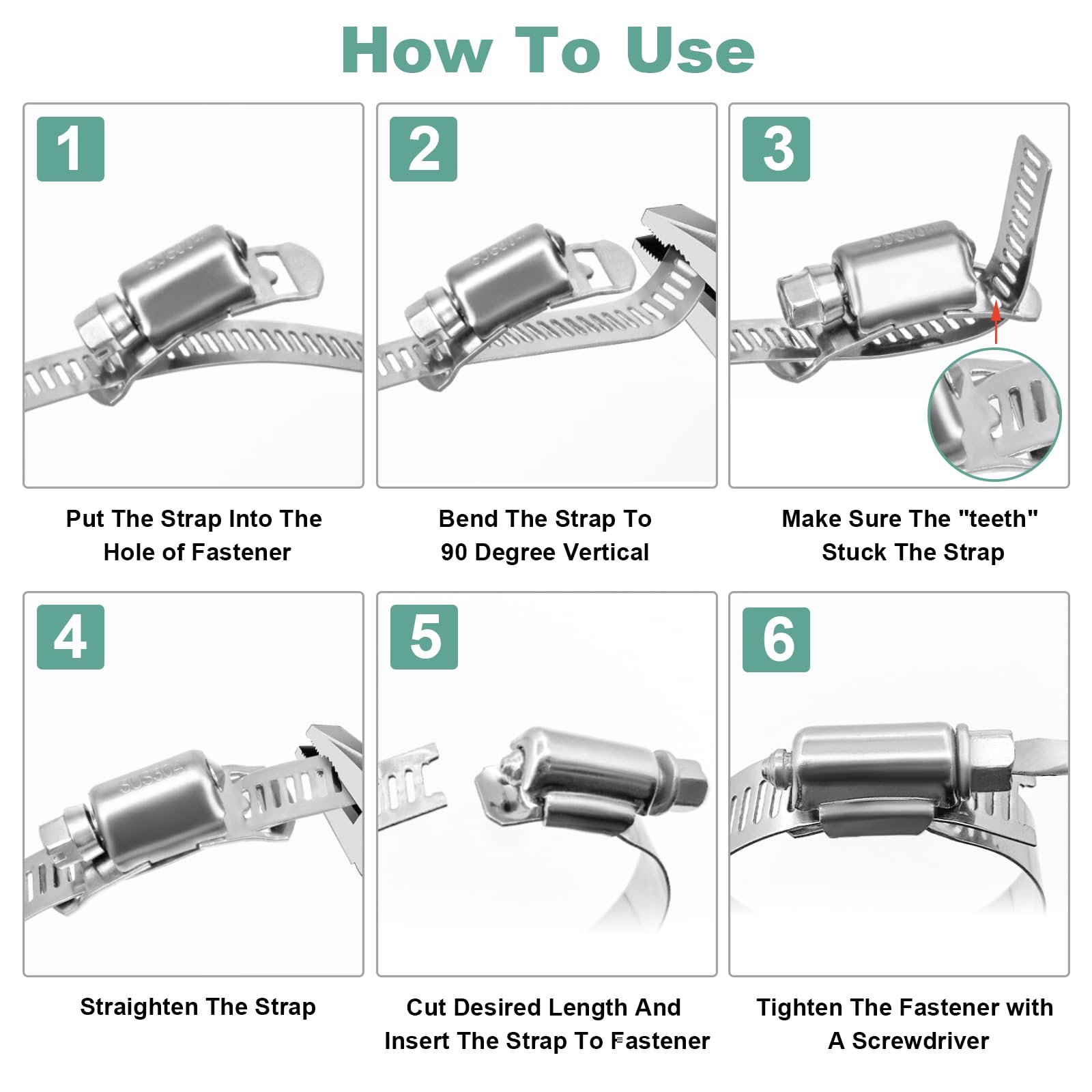 8.5 Ft Stainless Steel Hose Clamp Kit - Adjustable Worm Gear Clamps with 6 Fasteners for Ductwork, Automotive, Mechanical & Dryer Vents | DIY Plumbing, HVAC & Car Repair Solutions
