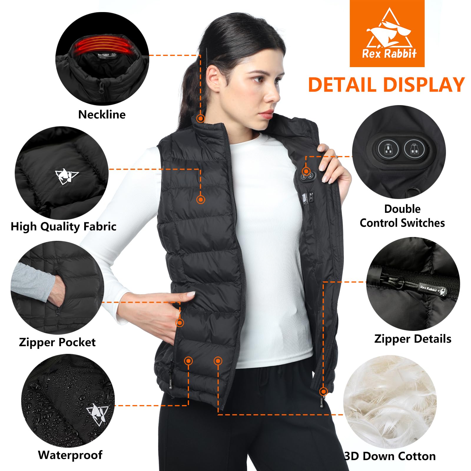 Electric Heated Vest for Women - 6 Heating Zones with Battery Pack & Plug - Rex Rabbit Fleece Lining - Perfect for Outdoor Activities, Winter Sports & Cold Weather