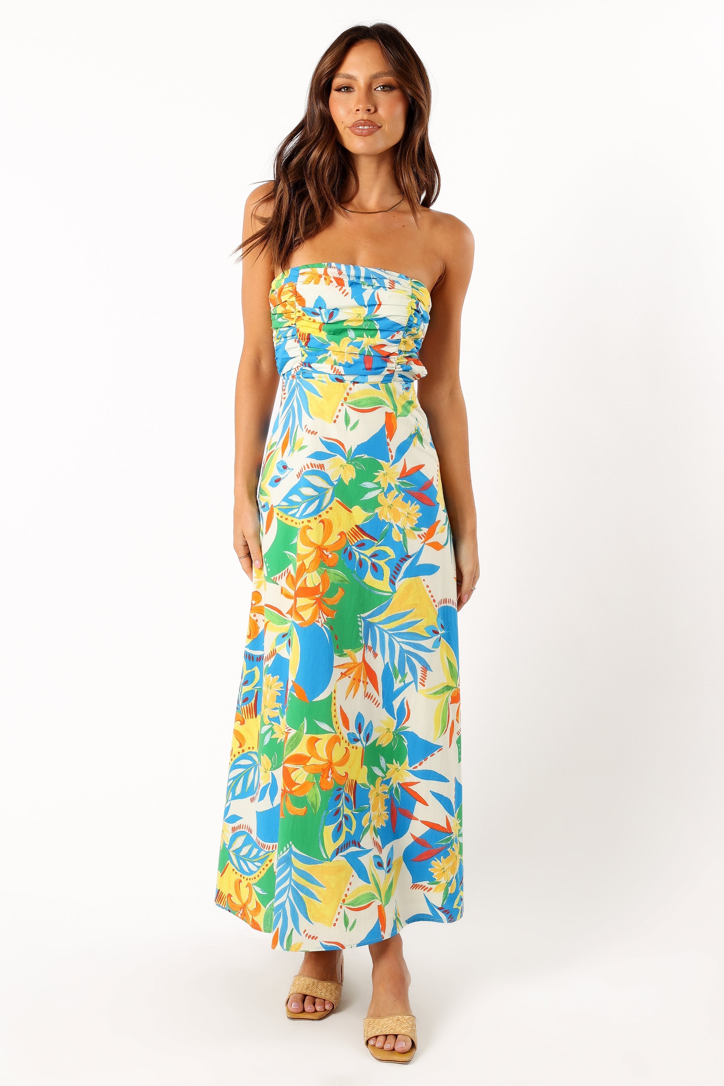 Harriet Strapless Midi Dress - Malta Print Floral Summer Dress for Women, Beach Wedding Guest Outfit, Vacation Party Dress