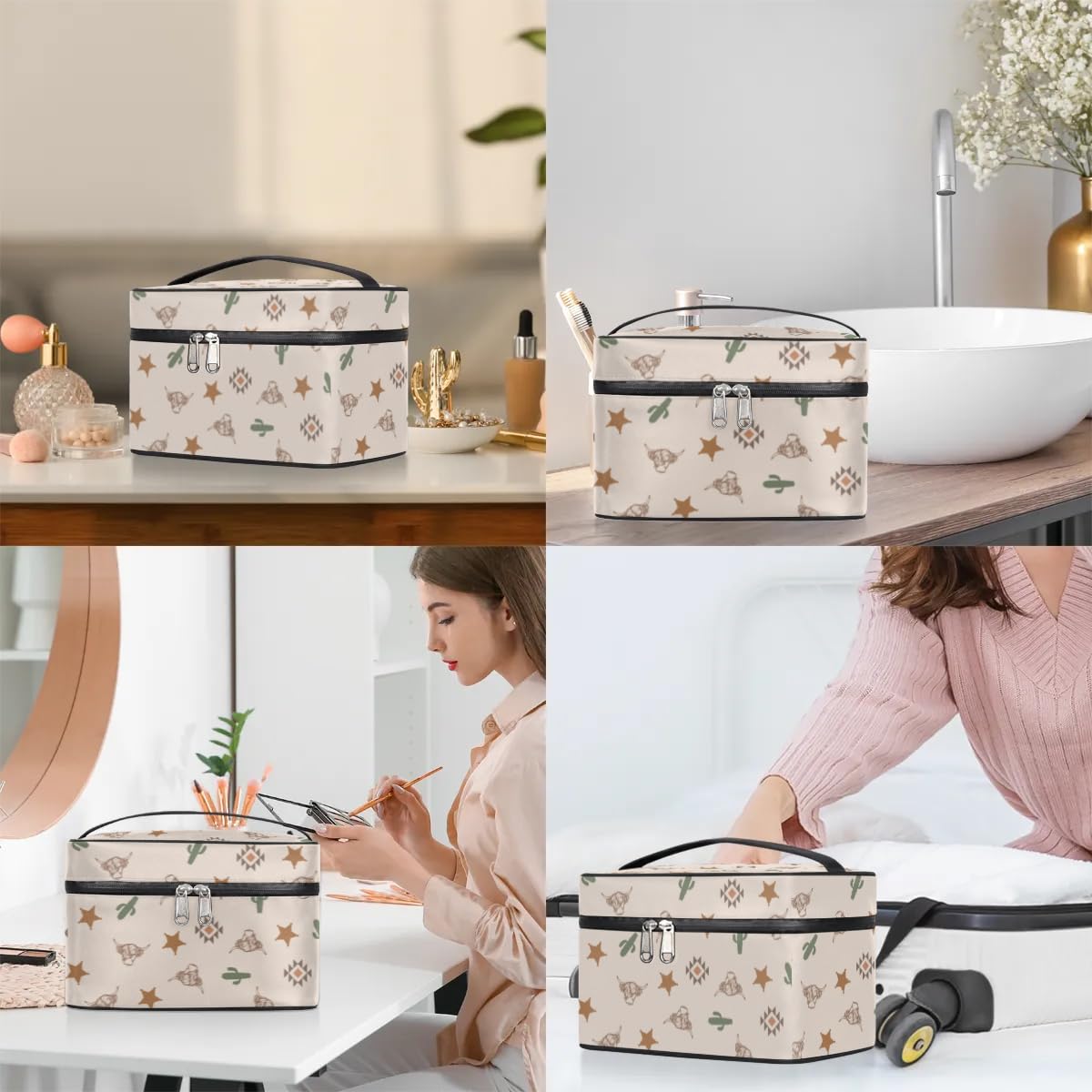 Highland Cow Makeup Bag for Women & Girls - Large Capacity Western Cactus Travel Cosmetic Organizer with Zipper - Perfect for Travel, Gym & Daily Makeup Storage
