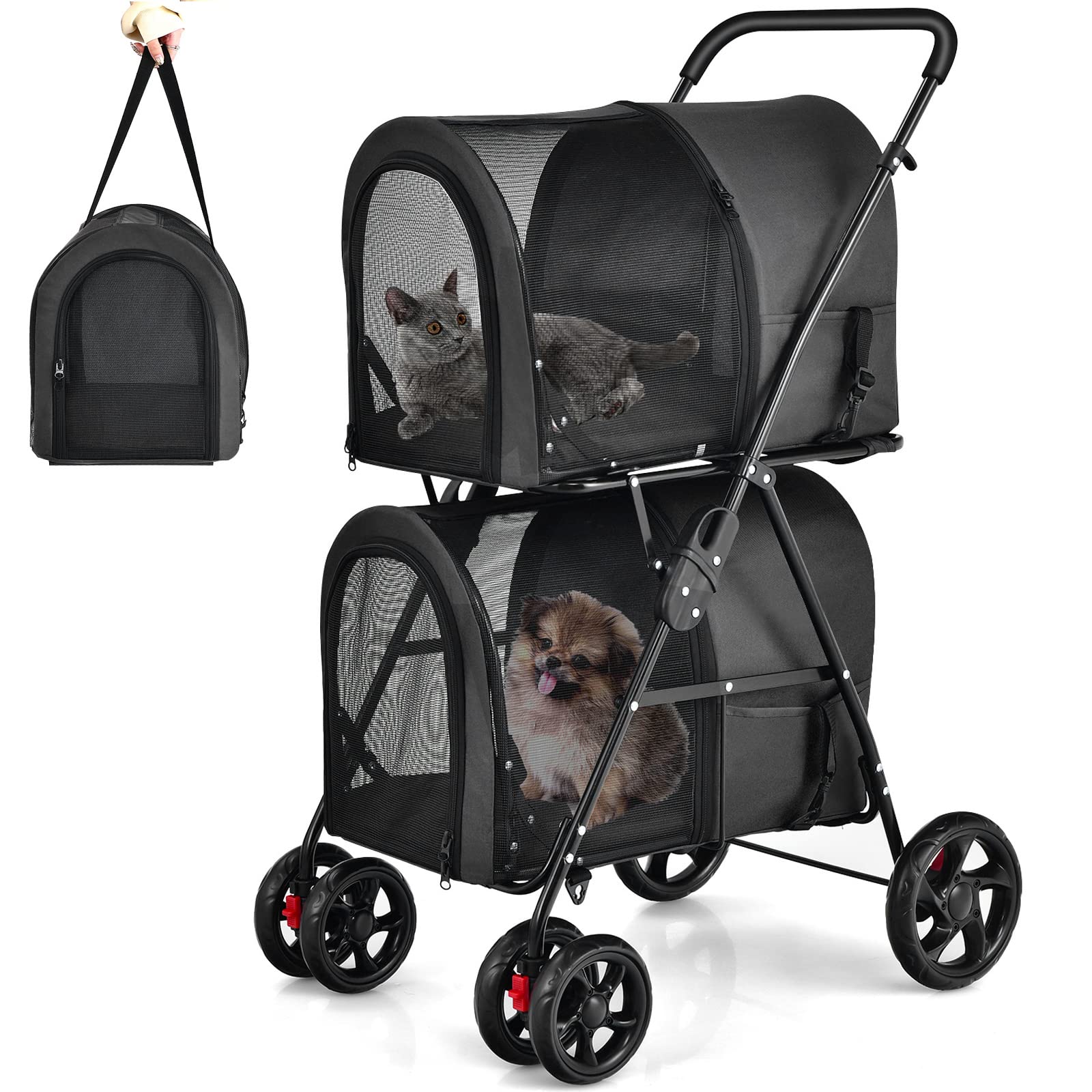 Giantex Double Pet Stroller for Small Medium Dogs & Cats - 2 Detachable Carrier Bags, Safety Belt, 4 Lockable Wheels - Folding Travel Carrier for Puppies & Kittens (Black) | Perfect for Park Walks, Vet Visits & Outdoor Adventures