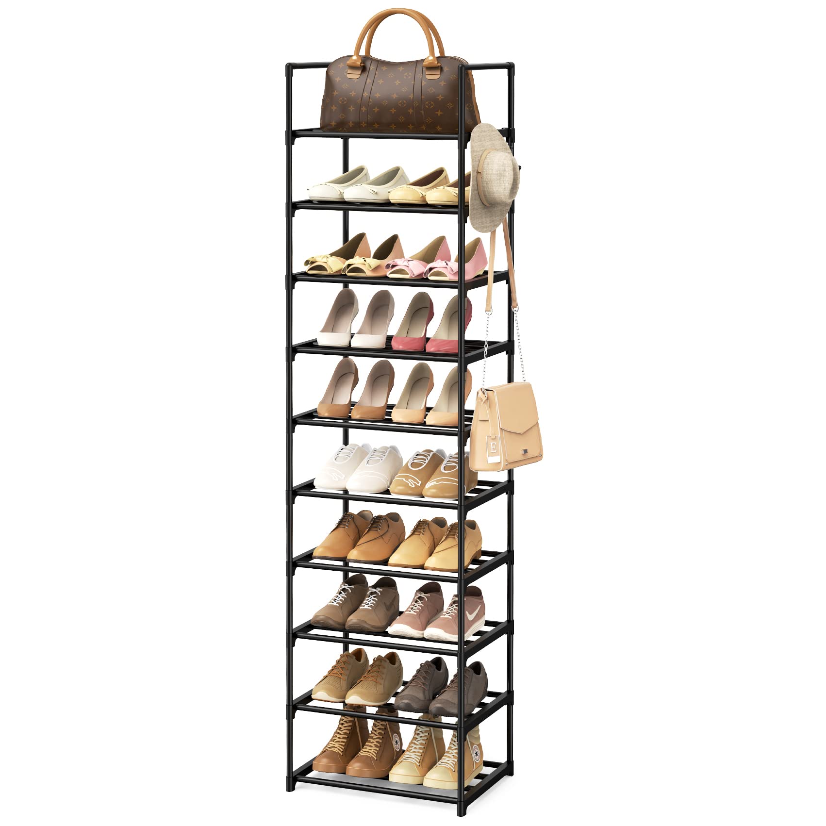VTRIN 10-Tier Narrow Shoe Rack - Holds 20-25 Pairs of Shoes & Boots | Space-Saving Shoe Organizer for Entryway, Closet & Hallway | Sturdy Black Shoe Shelf with 5 Hooks for Sneakers, Heels & Boots | Perfect for Small Spaces & Apartment Living