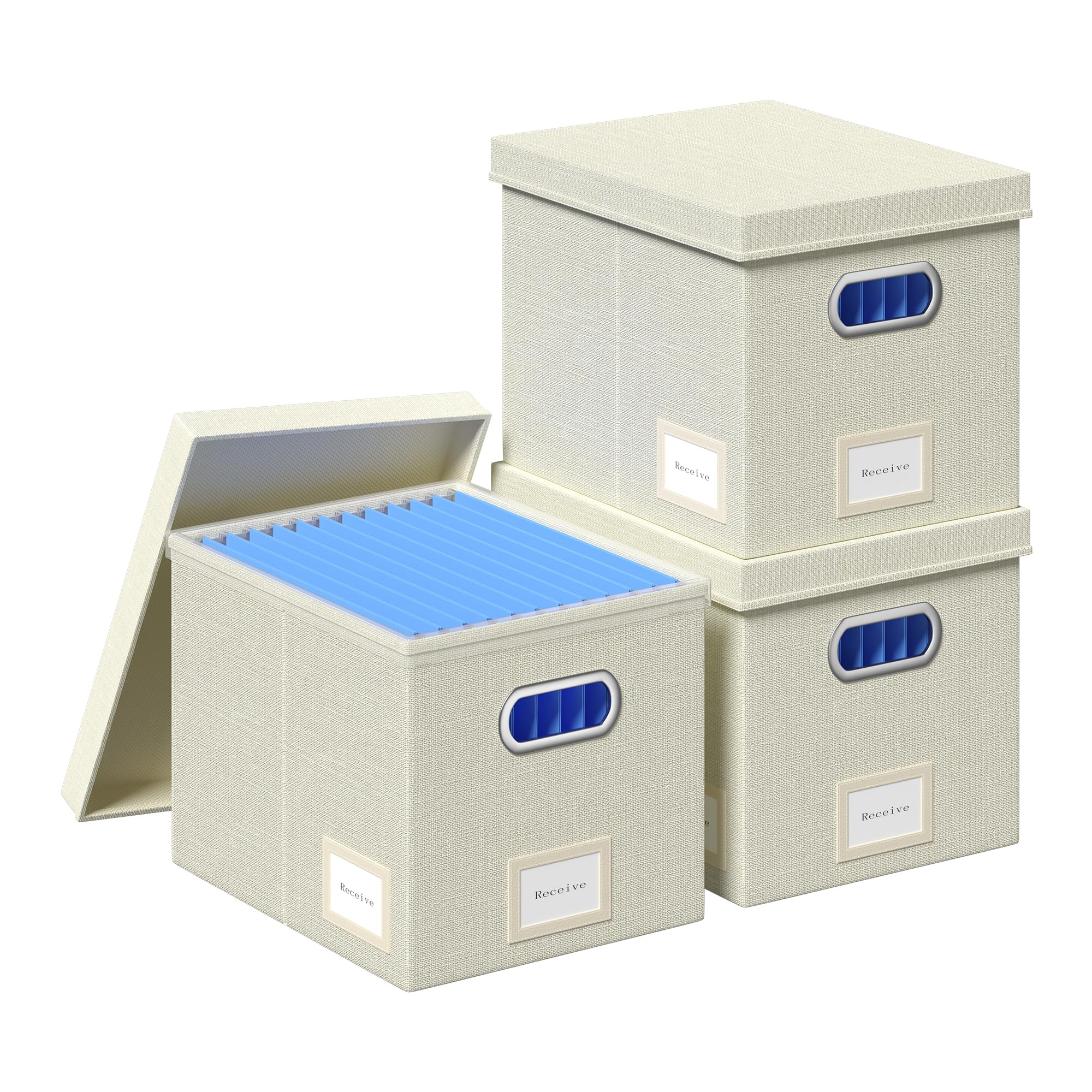 3-Pack Beige Hanging File Organizer Box with Lid - 13.2 x 10.1 x 10.1 Inch Decorative File Storage Box for Office, Home & School - Durable Plastic Frame Hanging Folder Organizer for Documents & Papers