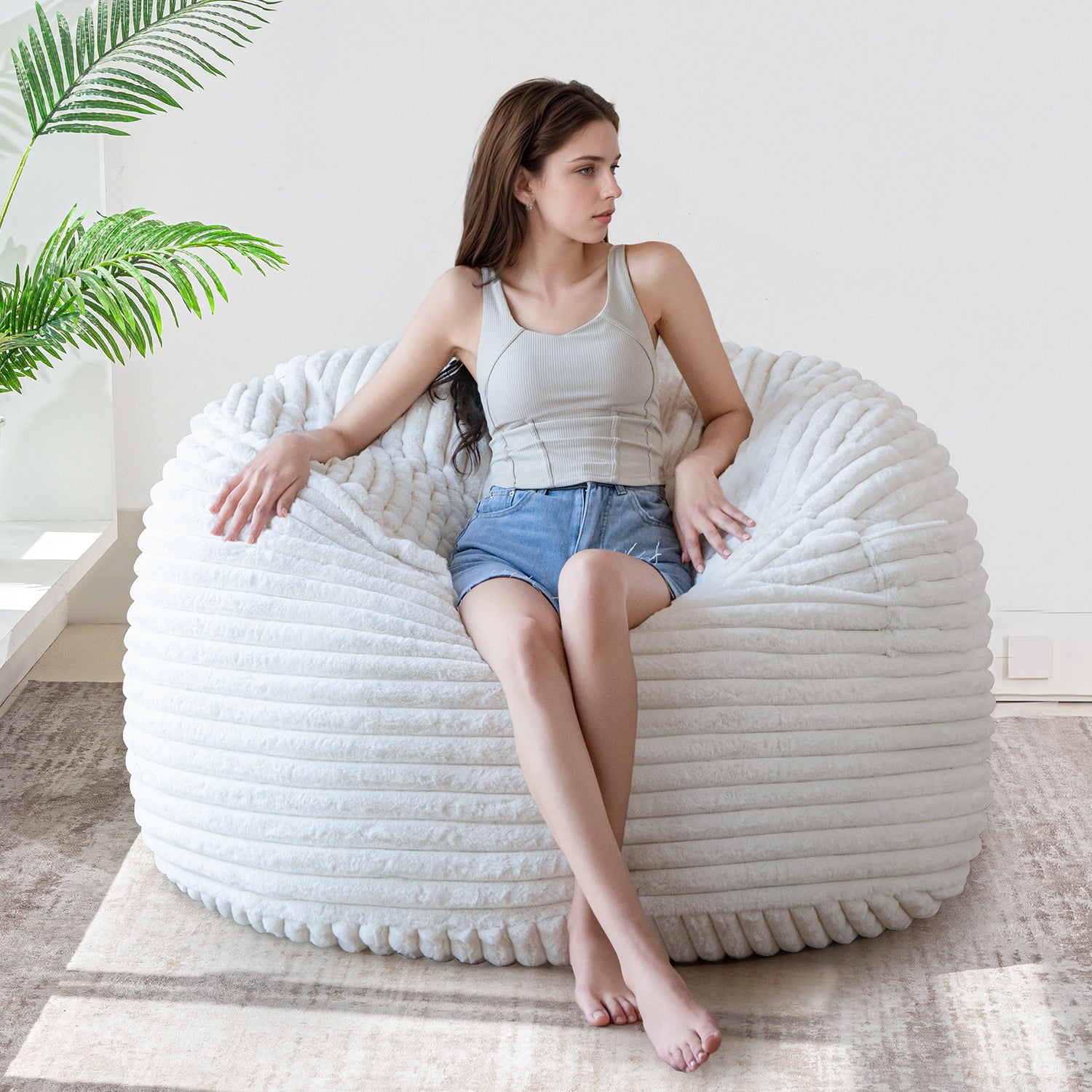 MAXYOYO Giant Bean Bag Chair Bed - Striped Faux Fur Convertible Sofa Bed for Adults & Kids, Beige - Perfect for Living Room, Bedroom, Dorm & Game Room Relaxation
