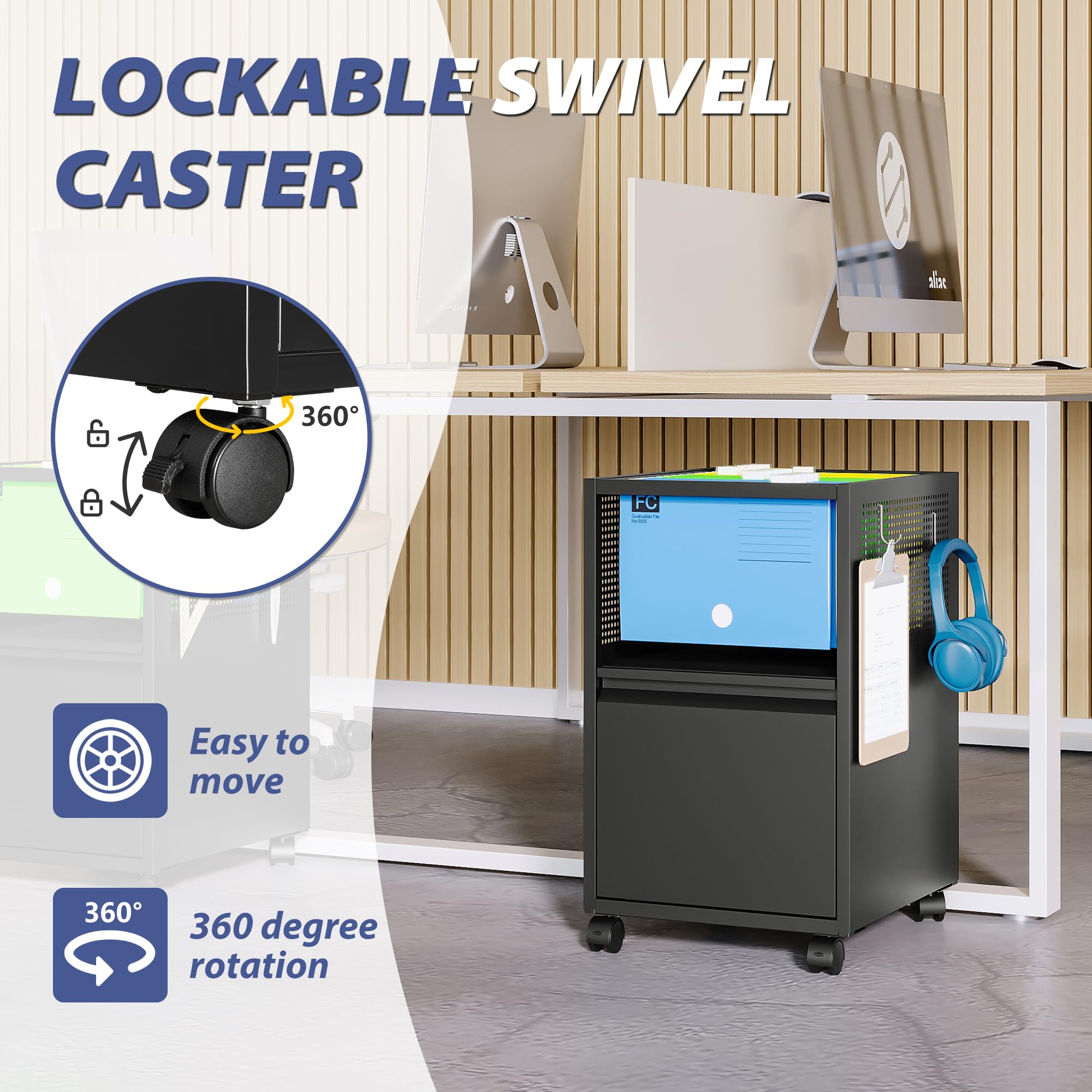 Metal Rolling File Cabinet with Sliding Cover & Wheels - Locking Mobile Storage Cart for Office, Home & Classroom (1 Drawer) - Perfect for Organizing Documents, Tools & Supplies