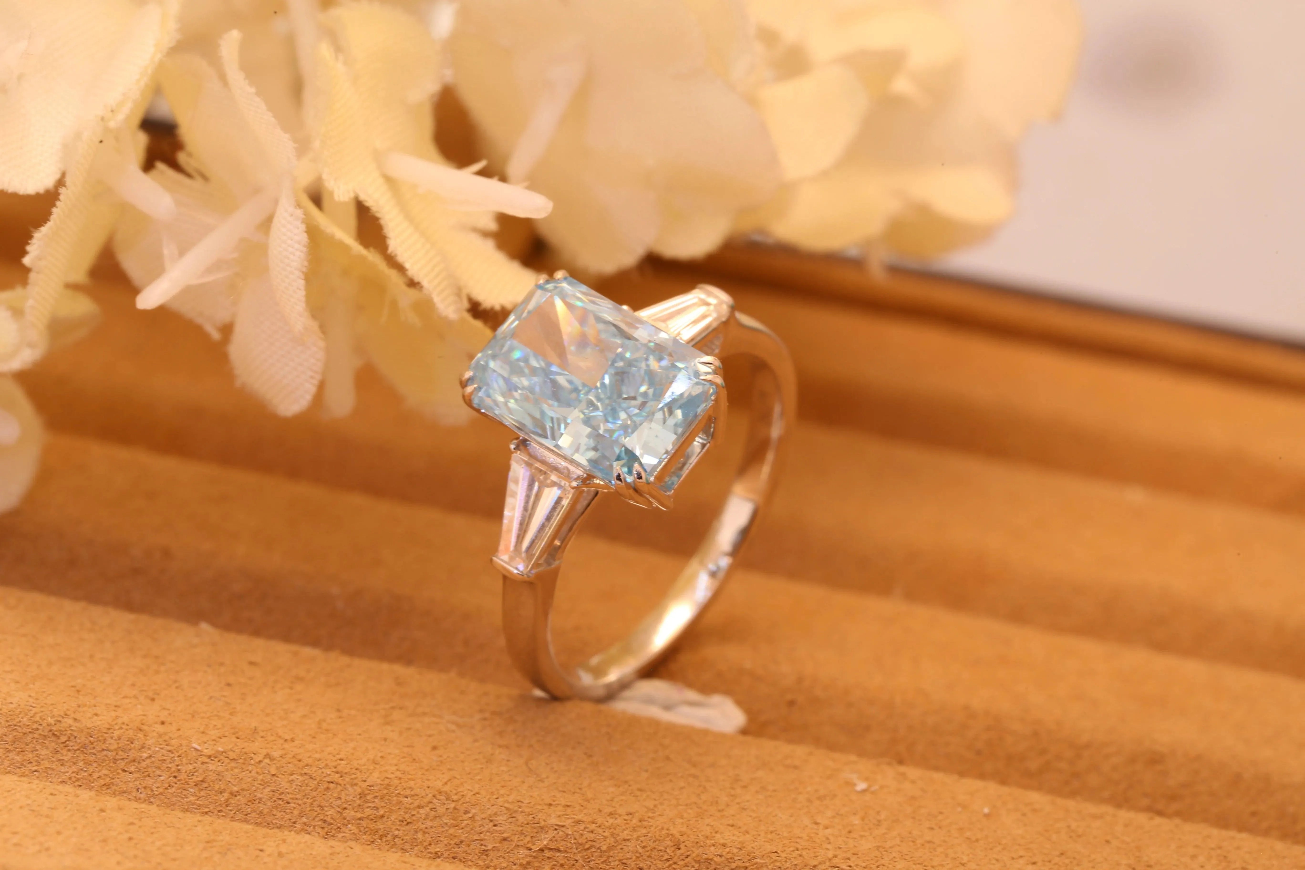 IGI Certified 3.42CT Fancy Intense Greenish Blue CVD Lab Grown Diamond Ring in 14k Gold for Women | Radiant Cut Engagement & Wedding Jewelry