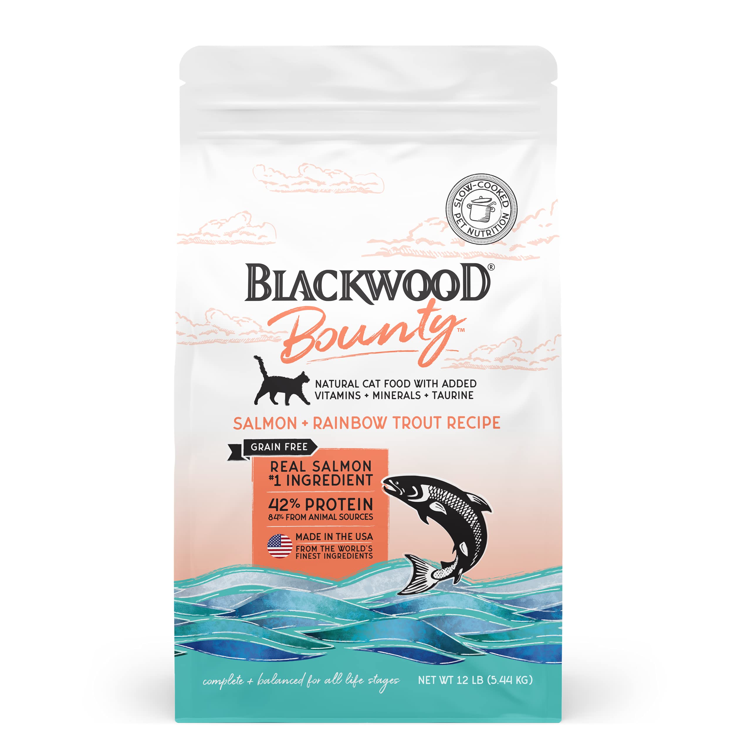 Premium Grain-Free Dry Cat Food for Sensitive Stomachs - Blackwood Bounty USA-Made Salmon & Rainbow Trout Recipe with Superfoods (12lb) - Supports Immune Health & Digestion - Perfect for Adult Cats with Food Allergies or Sensitivities