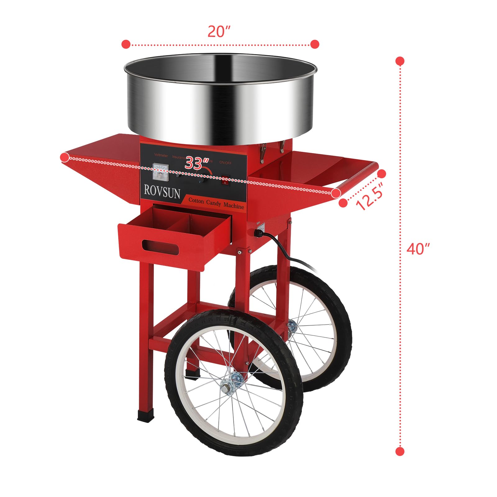 ROVSUN 21 Inch Commercial Cotton Candy Machine Cart with Stainless Steel Bowl, Sugar Scoop & Storage Drawer - Candy Floss Maker for Home, Parties, Carnivals & Events (Red) | Perfect for Birthday Celebrations, Wedding Receptions & School Fairs