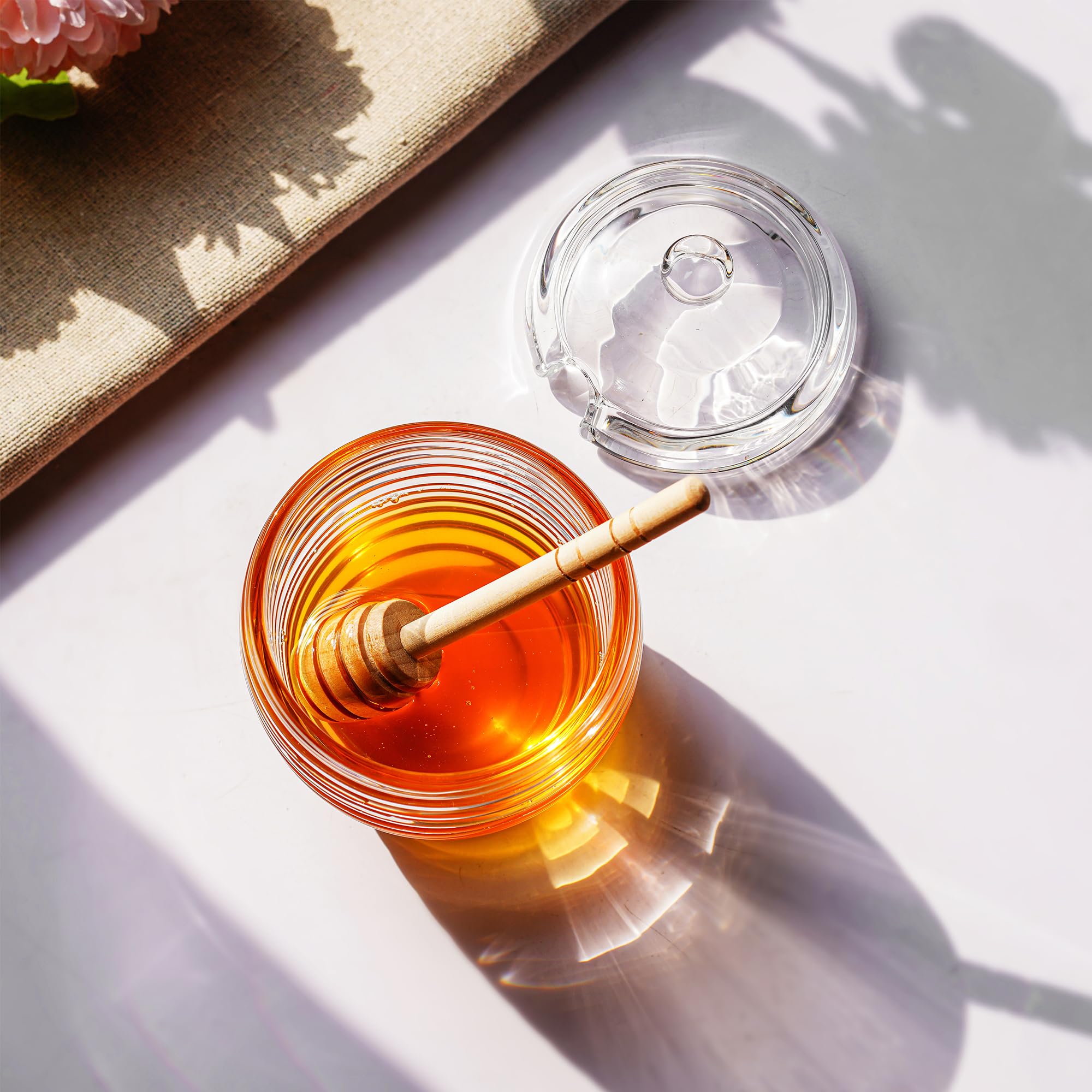 Kanpura 9oz Glass Honey Dispenser with Dipper - Clear Crystal Honey Jar for Kitchen, Perfect for Storing Honey & Syrup - Easy to Clean & Reusable - Ideal for Tea, Coffee, Baking & Breakfast