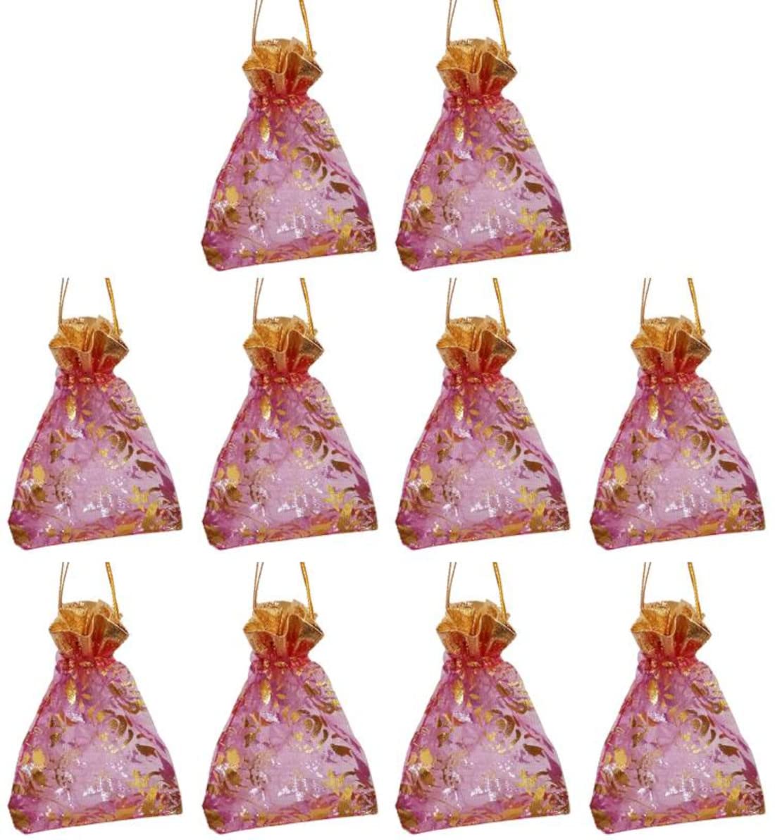 Purpledip Polyester Net Brocade Gift Pouch - 4 Inch Fuschia Rani Pink Potli Bags (Pack of 10) - Perfect for Wedding Favors, Party Gifts & Jewelry Packaging (12437)