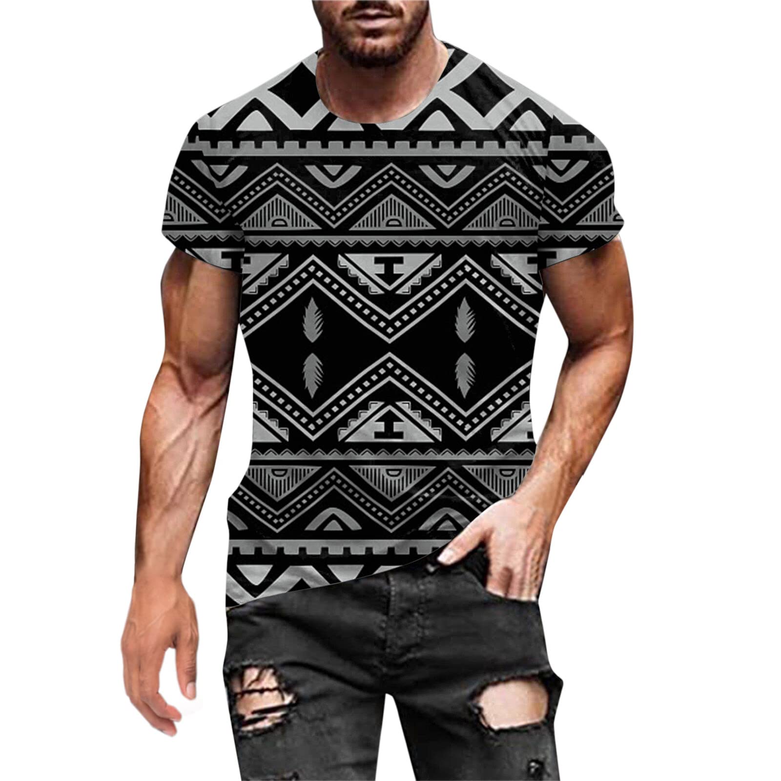Men's Casual Round Neck Short Sleeve Printed T-Shirt - Black Spring Fashion Top for Daily Wear, Work & Outdoor Activities