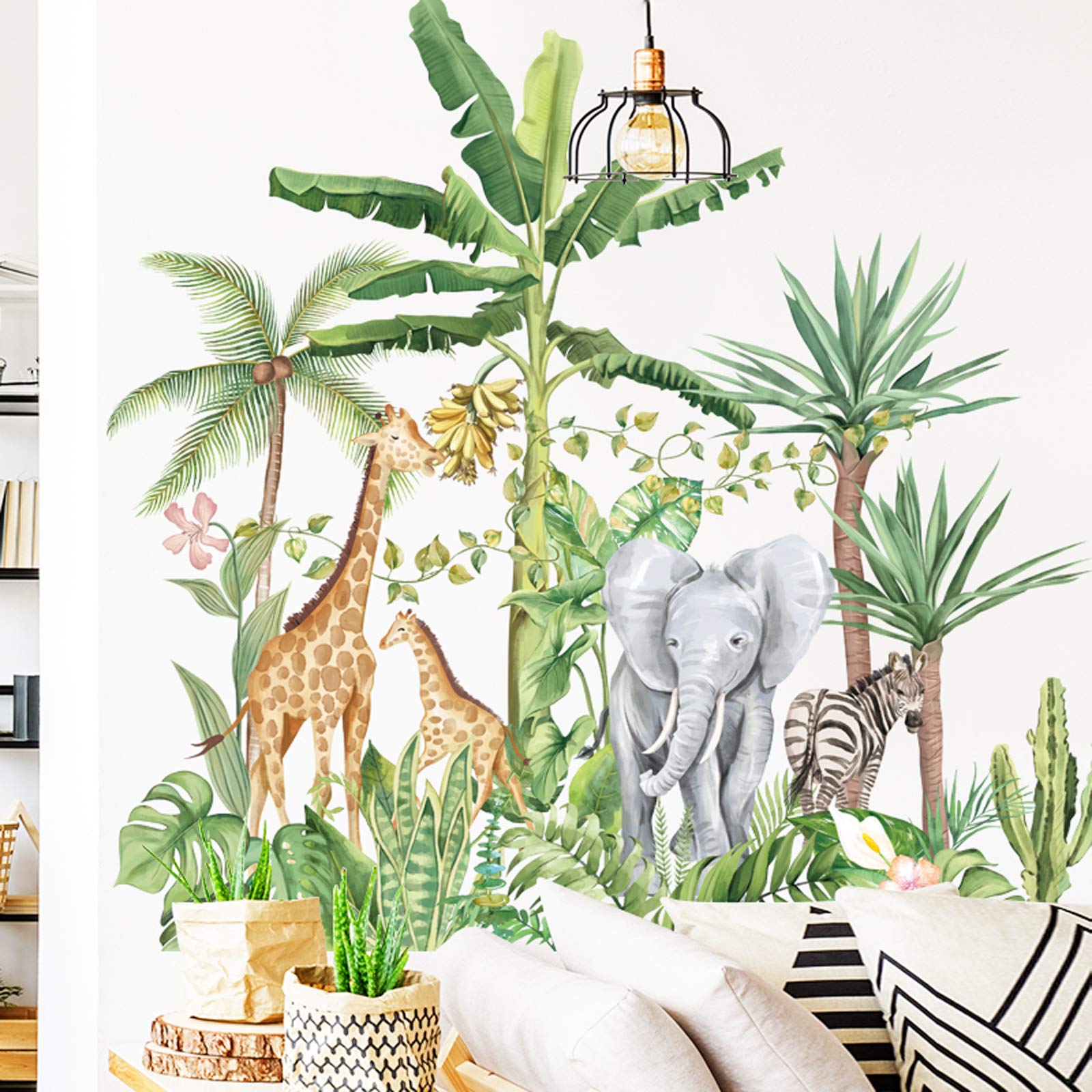 Cartoon Tropical Rainforest Animal Wall Stickers - Removable Jungle Elephant Giraffe Zebra Decals for Kids Bedroom, Nursery & Home Decor | Perfect for Children's Room Themes, Playroom Murals & DIY Wall Art Projects