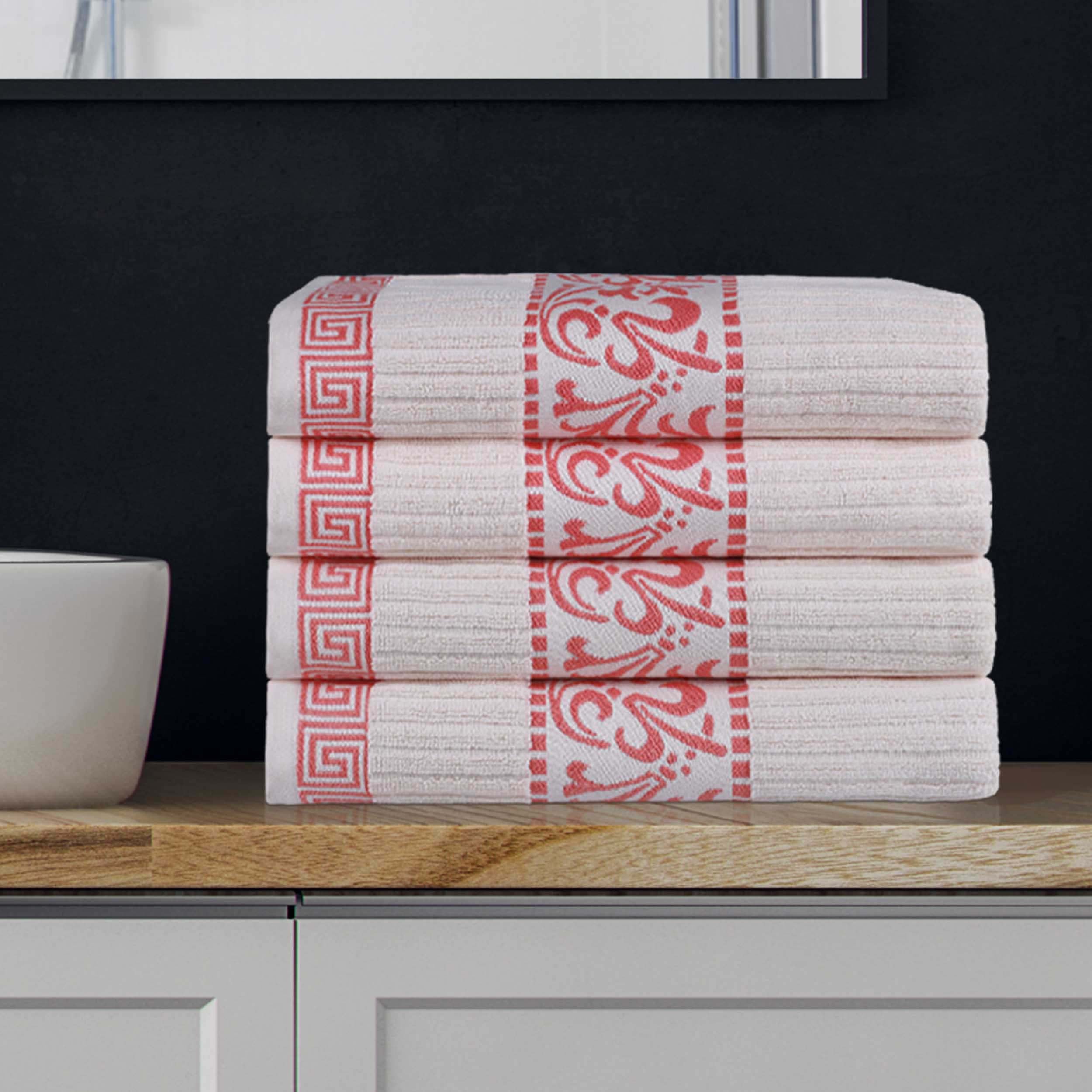 Premium Athens Cotton Greek Scroll & Floral 4-Piece Bath Towel Set - Soft & Absorbent for Spa, Bathroom & Guest Room Decor