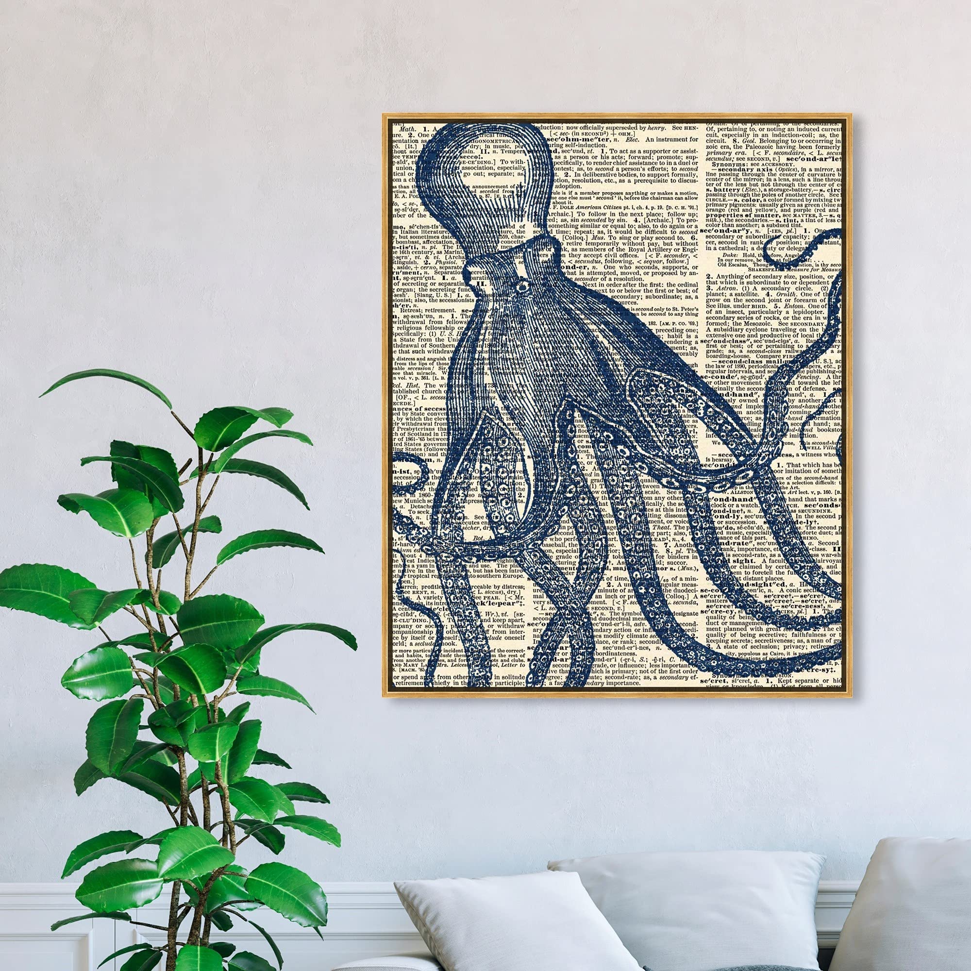 **Oliver Gal Artist Co. Nautical & Coastal Wall Art – Framed Canvas Print of Marine Life Octopus – Home Decor Dictionary Style – 36